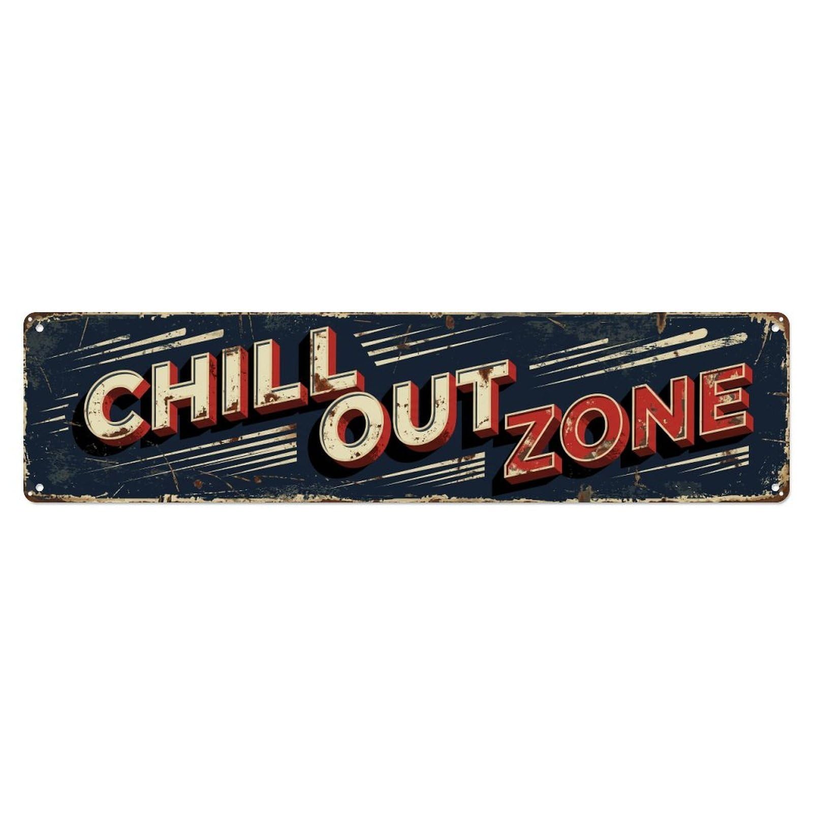 Chill Out Zone Worn Workshop Metal Tin Skinny Sign Plaque Wall Decor for Cafe, Club Bar, Office, Home Garden Metal Poster 4x16Inch