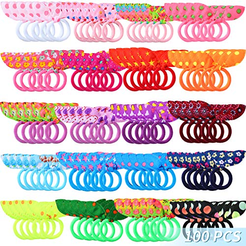 100 Pieces Girls Rabbit Ear Hair Ties Ropes Elastic Bow Hair Scrunchies Mixed Color Bunny Ear Scrunchy Ponytail Holder Hair Accessories for Kids Baby Girls Toddlers