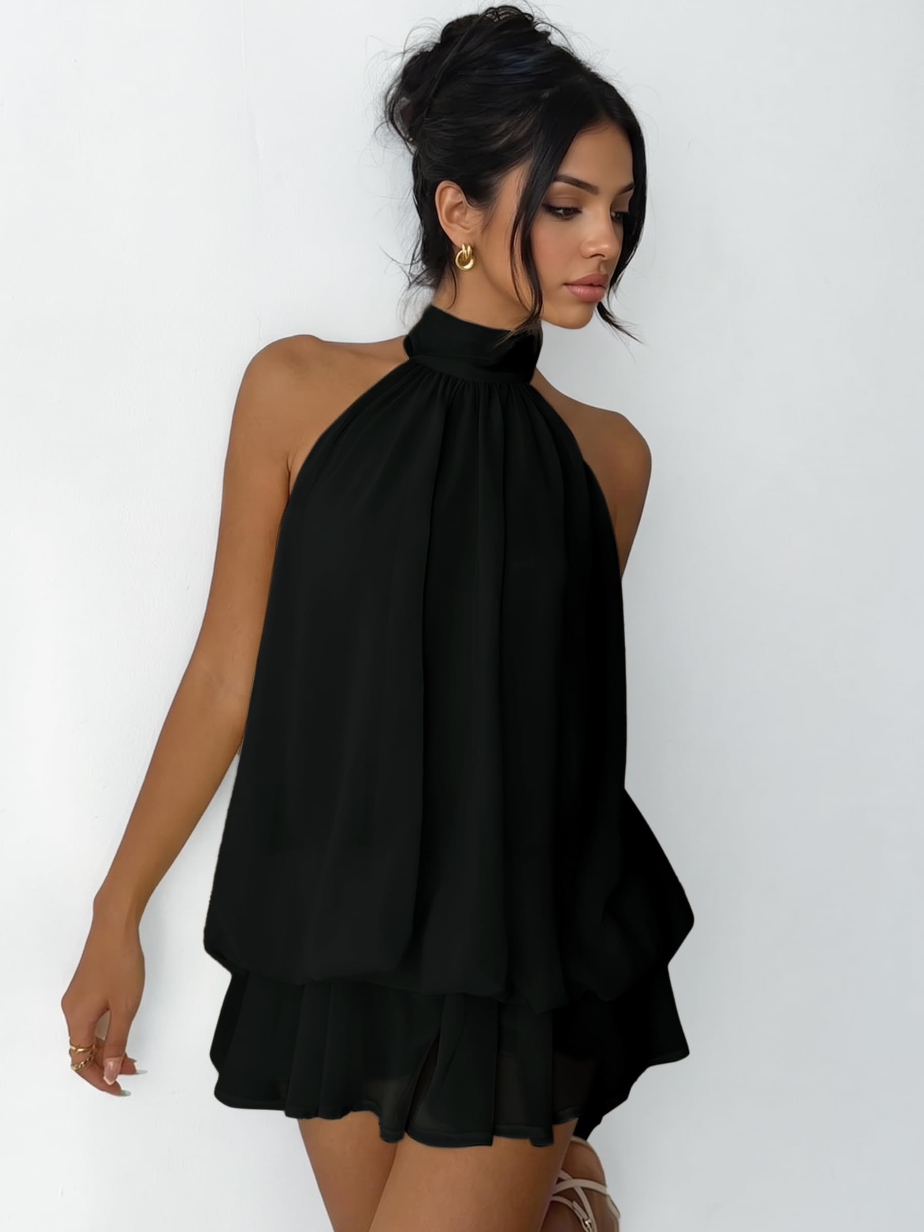 Vestito Donna Elegante Senza Maniche Mini Abito con Scollo Halter e Volant Estivo Vestiti Ampio in Chiffon Sexy Abiti Schiena Scoperta con Laccio Vestito Corto per Festa Discoteca Cocktail