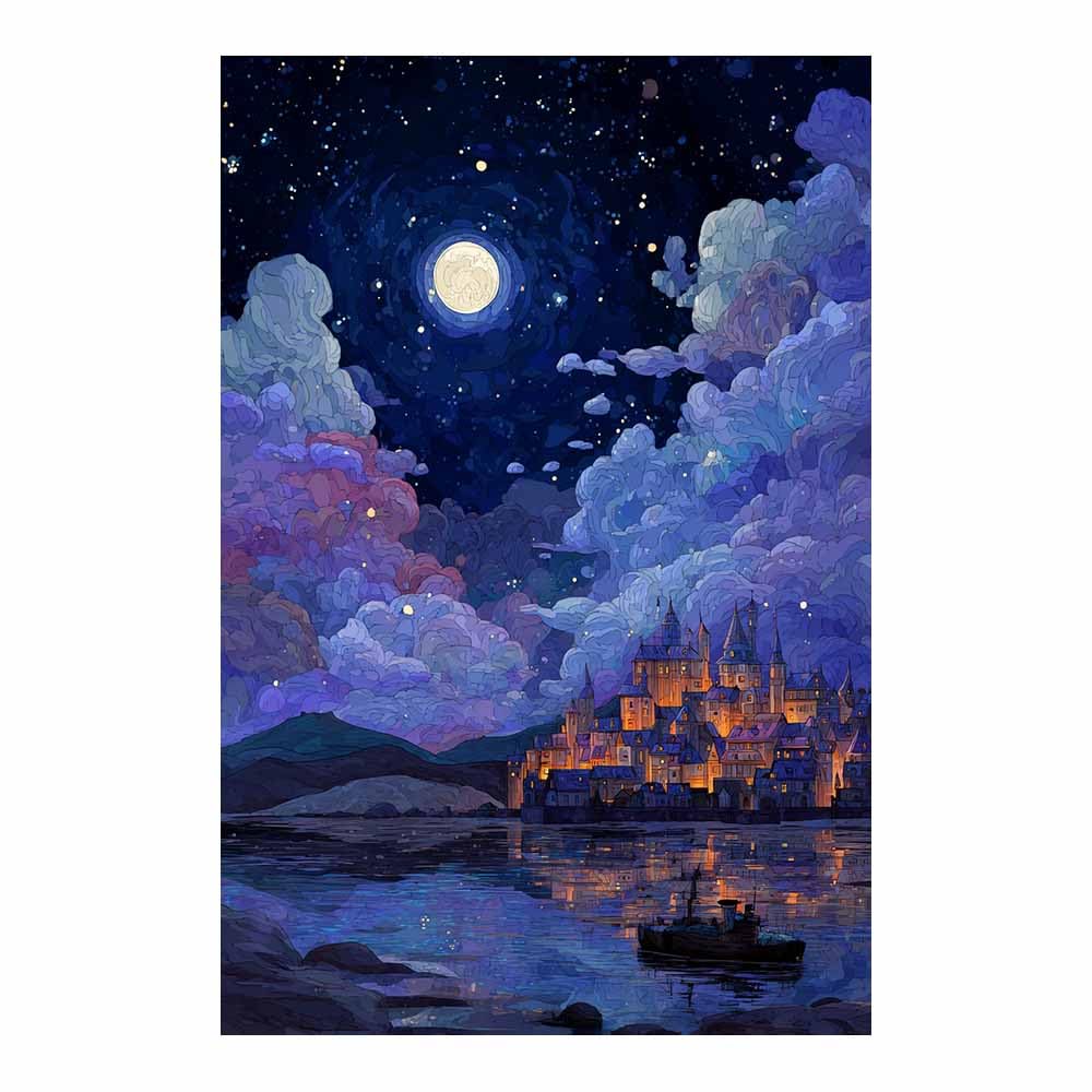 HOQIU Natural scenery wall art Moonlit Fantasy Castle Town decorative painting, wall art, for Living Room Bathroom Bedroom Kitchen Decoration.(Multicolor)-70x100cm Unframed