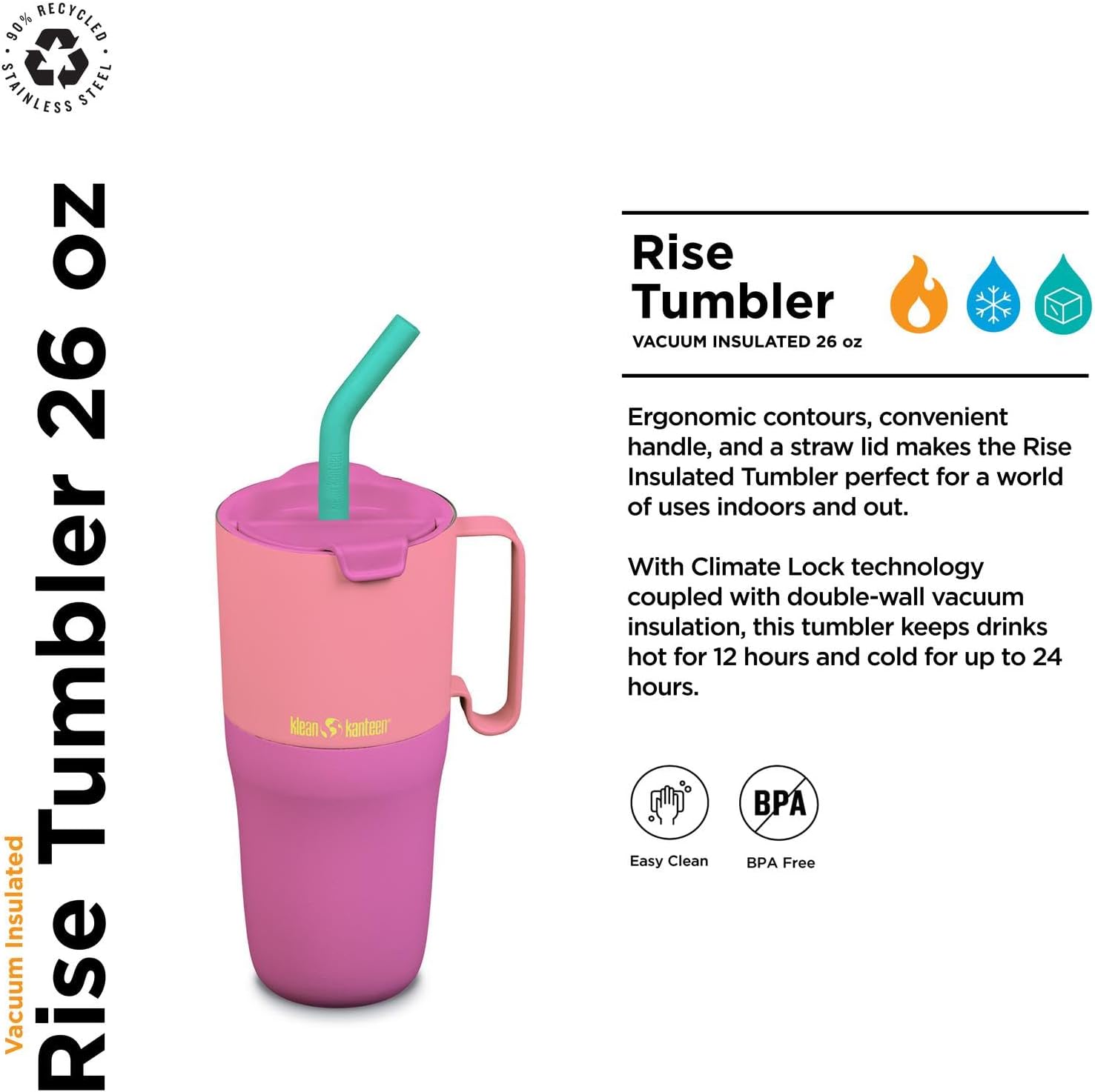 Klean Kanteen Rise Insulated Tumbler - Reusable Tumbler for Quick Hydration - Stainless Steel - Vacuum Insulation - Dishwasher-Safe - BPA-Free - Straw Lid - 26 oz - Pink Lemonade Kaleidoscope - Image 2