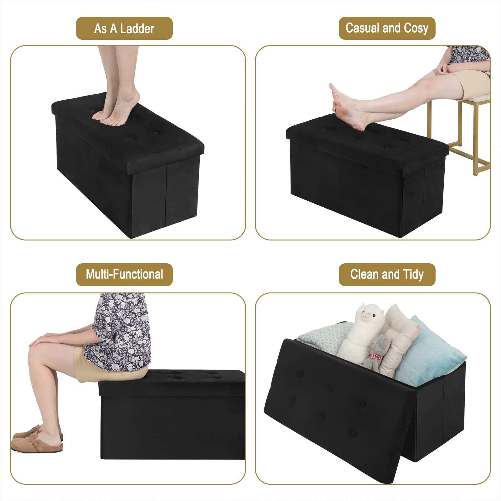 WOLTU Banc de Rangement en Velours, Tabouret Pouf Pliable, Capacité de Charge 300 kg, 80 L 76x37,5x38 cm Noir