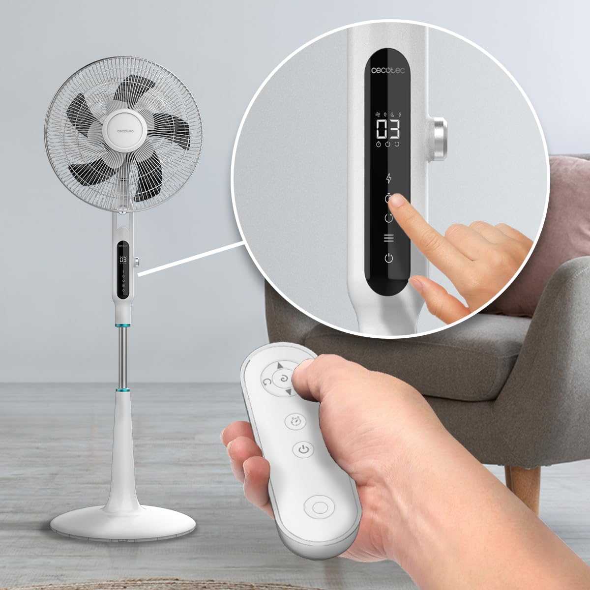 Cecotec Ventilatore da terra con telecomando EnergySilence 1600 Moskito, 65 W, funzione repellente per zanzare, timer, controllo touch, display LED, 10 velocità e 3 modalità, Bianco