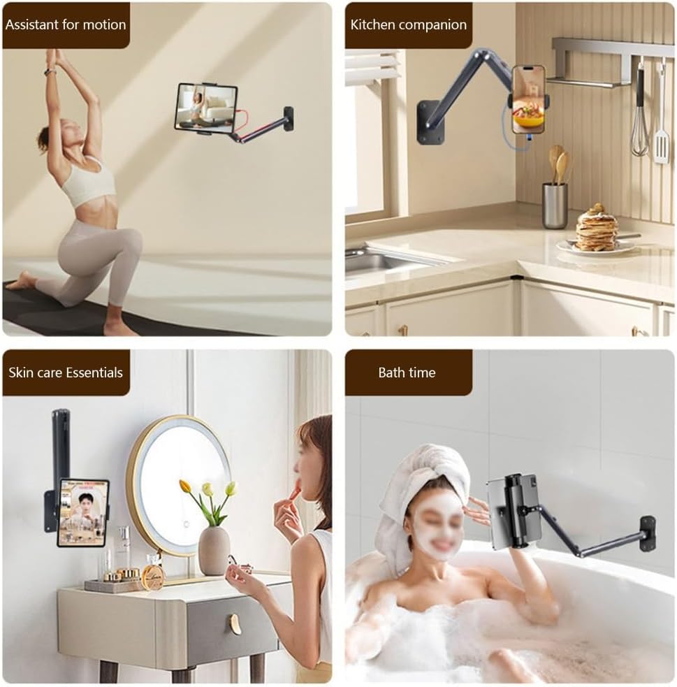 Foldable Metal Wall Mount Phone Holder Adjustable Arm Bracket 360 Rotating for Smartphones Tablets Quick Install