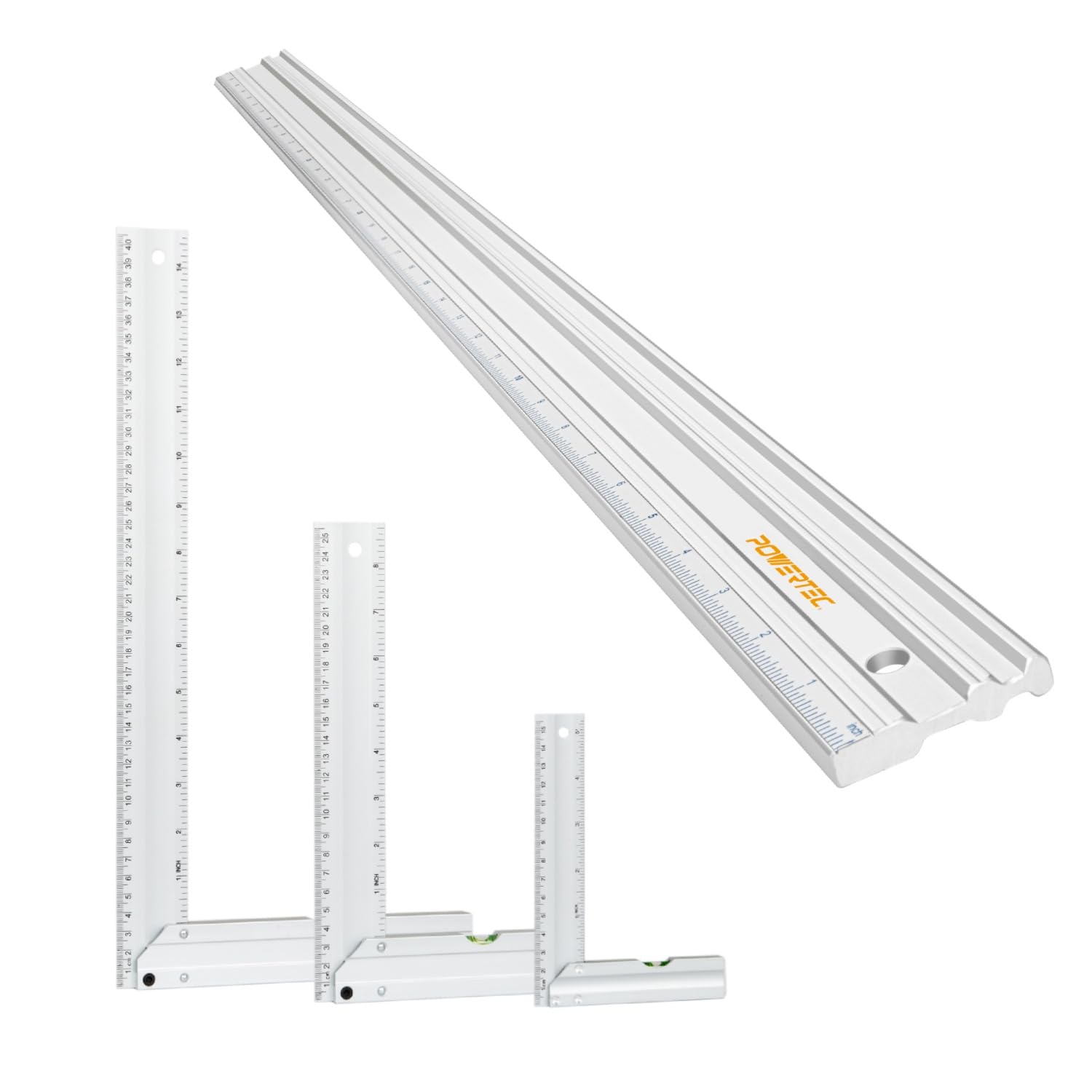 POWERTEC 38 Inch Machinist Aluminum Straight Edges and 3pc L Square, for Checking Surface Warp, Marking/Scribing Lines - Used w/Feeler Gauges for