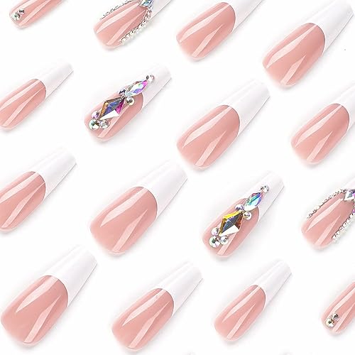 Miniatura 4 de MISUD Uñas postizas largas a presión con forma de ataúd, uñas postizas de bailarina, uñas adhesivas brillantes con punta francesa blanca, uñas