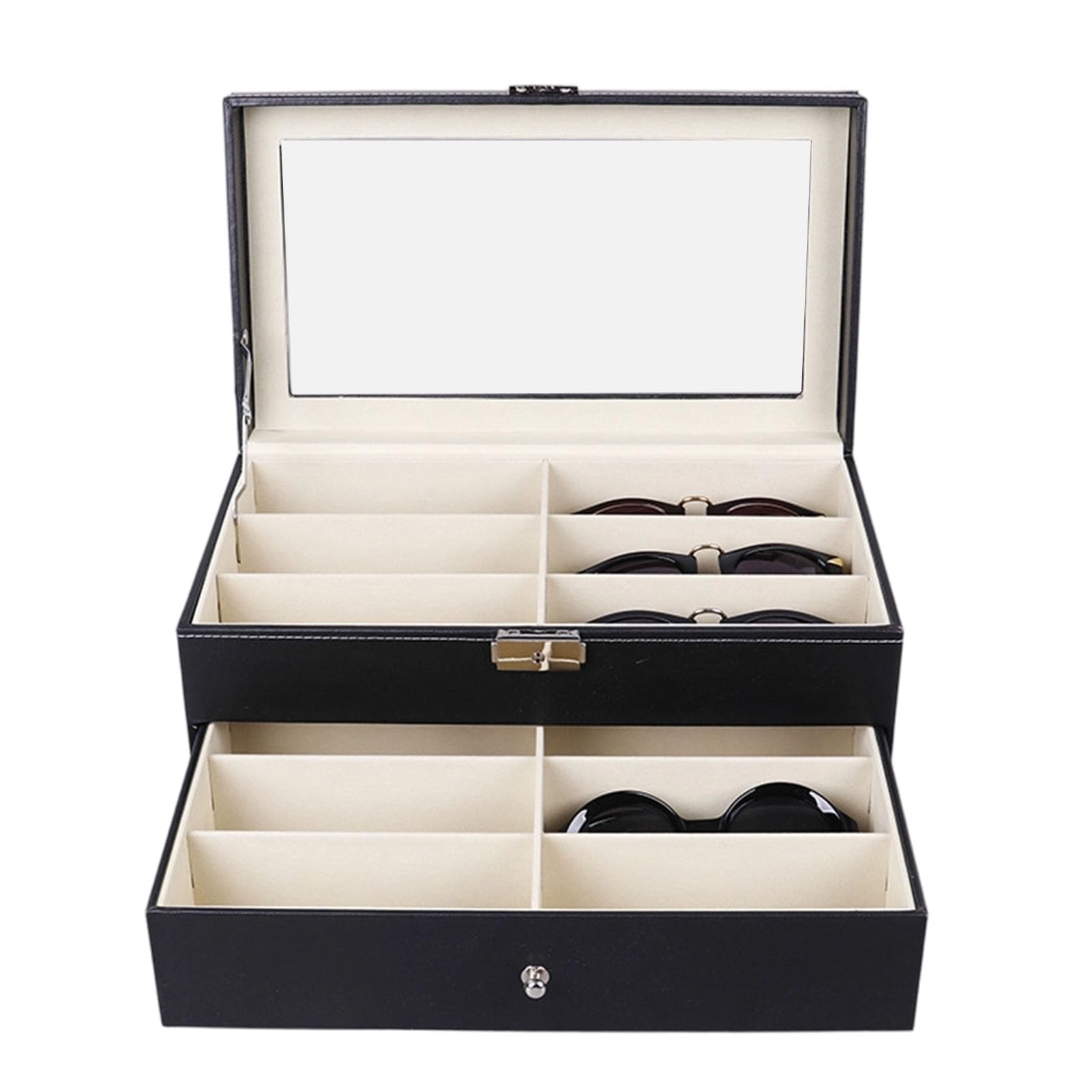 Sonnenbrillen-Vitrine aus PU-Leder, Eleganter Verschließbarer Organizer für Brillen- und Schmuckaufbewahrung mit 12 Fächern