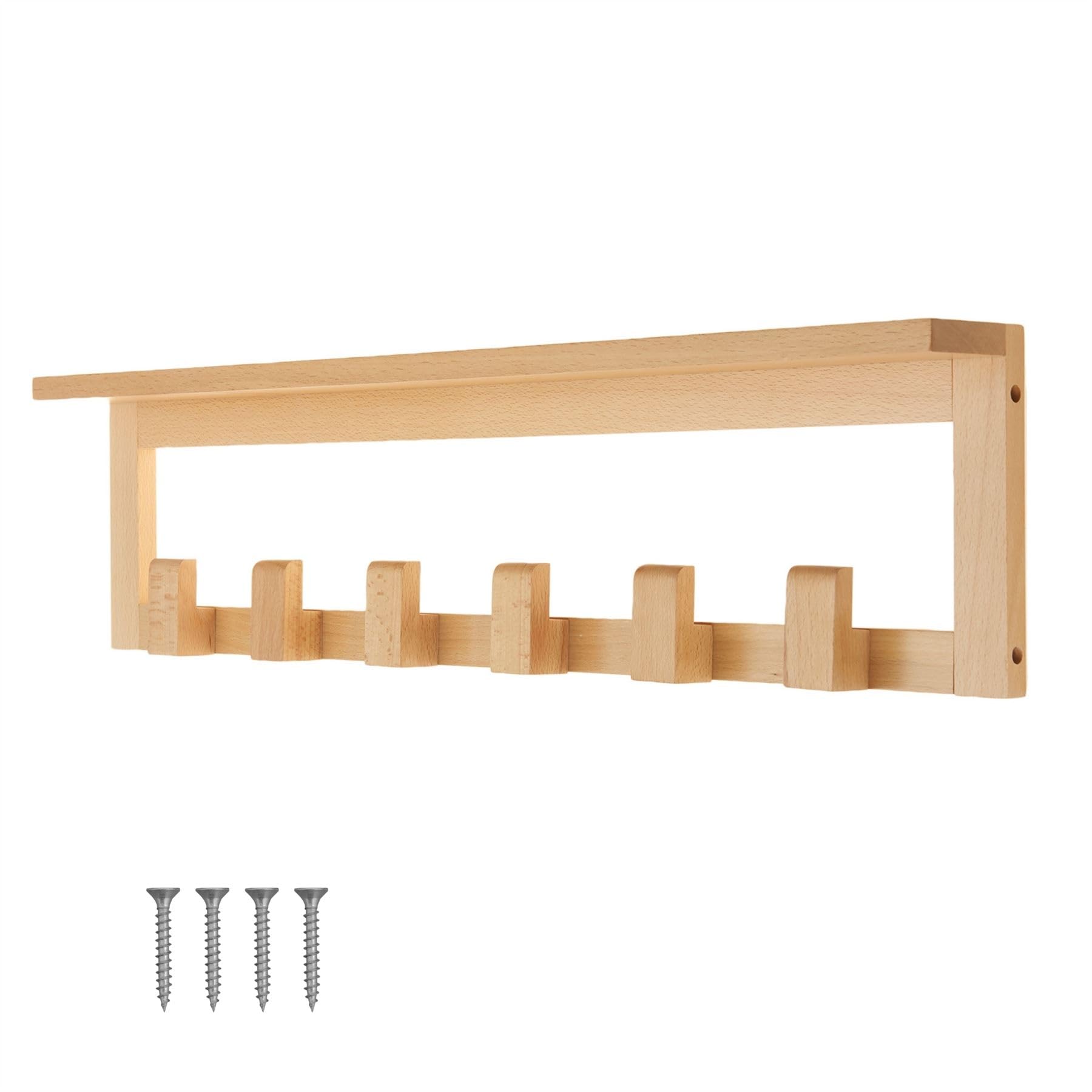 keypak Beech Wooden Coat Rack with Shelf, 68cm Wall-Mounted 6 Hooks Storage Shelf All-Wood
