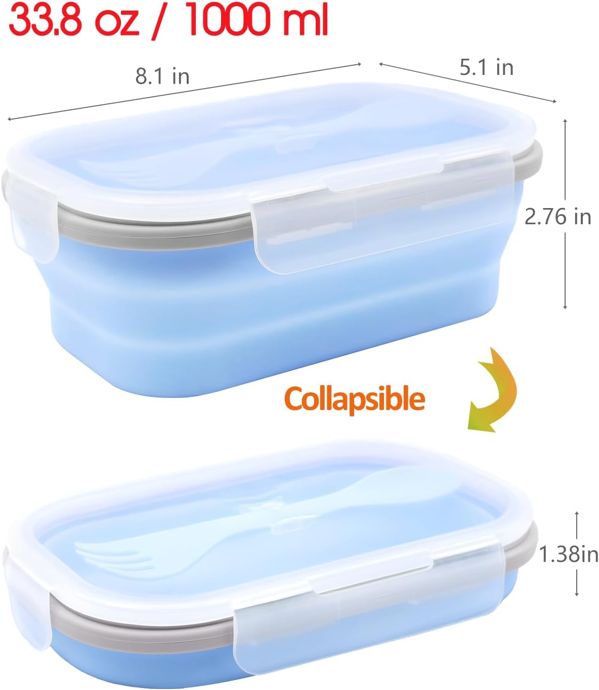 2 Pack Collapsible Silicone Bento Lunch Boxes With Lids Spoon Fork, 33.8oz, Lunch Food Storage Containers, Safe in Microwave, Dishwasher and Freezer, BPA Free (Blue and Green)