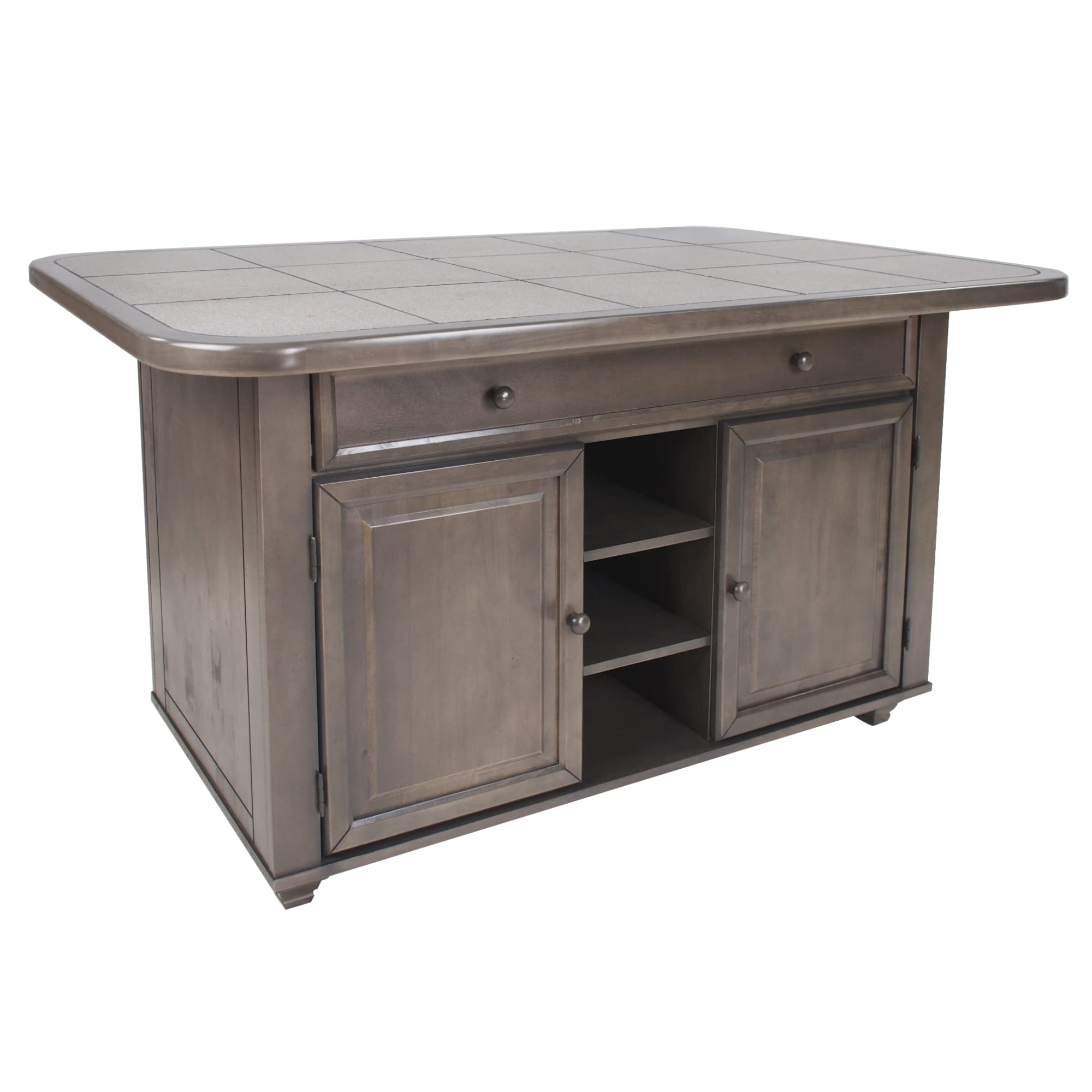 Sunset Trading Shades of Gray Kitchen Island | 3 Position Grey Tile Top | Storage Cabinets, Open Shelves, Drawers
