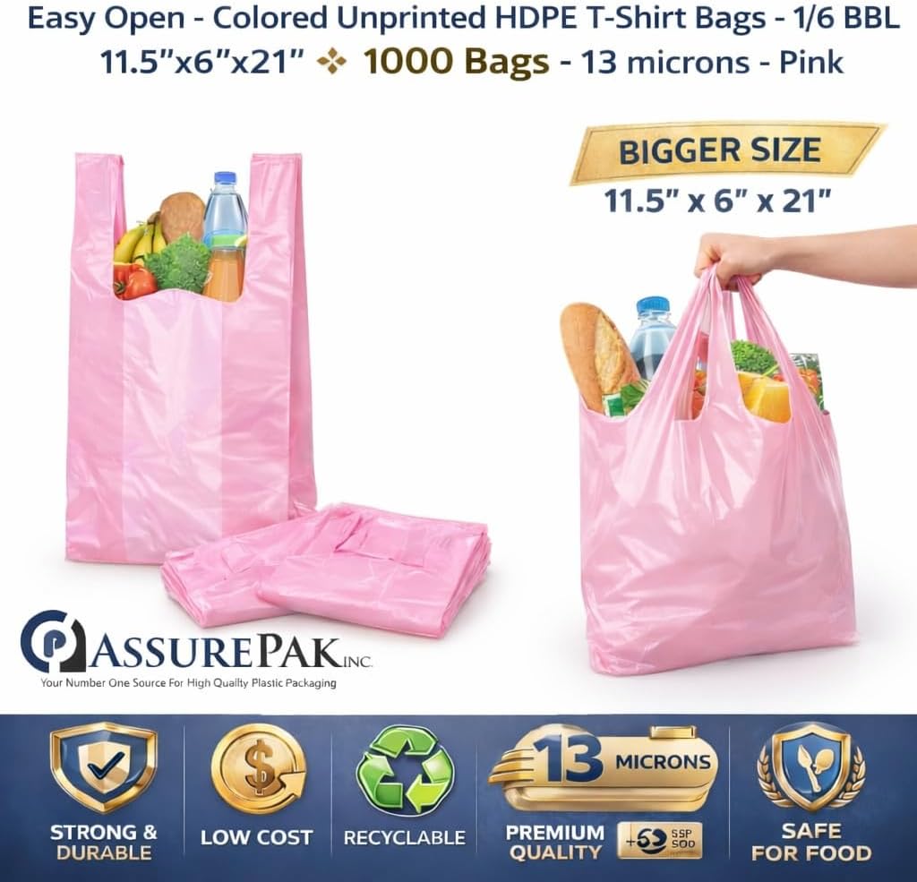 ASSUREPAK Pink HDPE T-Shirt Plastic Bags for Retail, Groceries, Merchandise, Convenience Store, Supermarket, Restaurant - 1/6 BBL, 11.5"X6"X21" - Pack of 1000 Bags, 13 Microns - Unprinted (Pink)