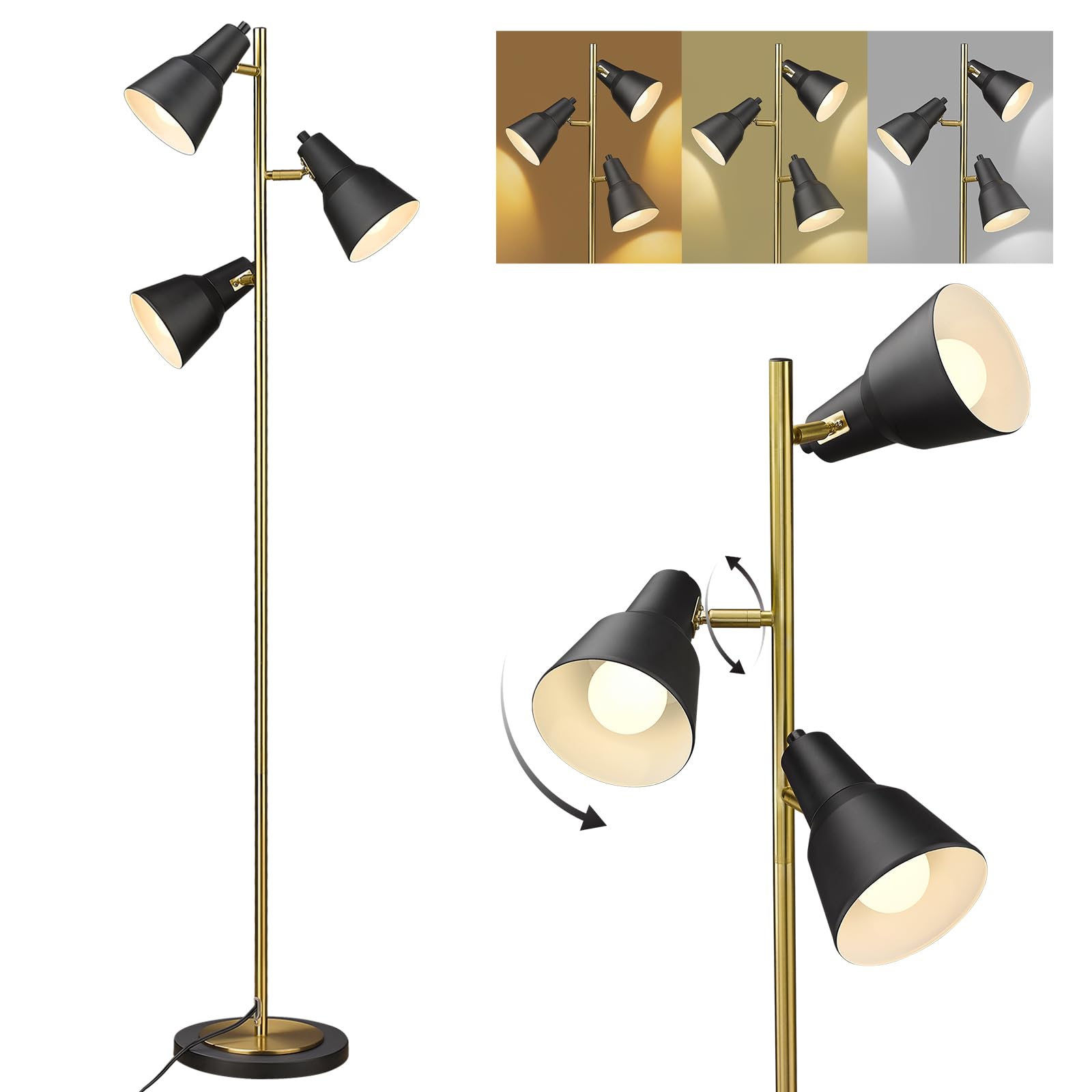 Gold Tree Floor Lamp with 3 Adjustable Rotating Lights, Industrial Tall Pole Metal Standing Lights with 3 LED Bulbs for Living Room,Bedroom,Farmhouse,Office,Hotel, Vintage Brushed Brass & Black