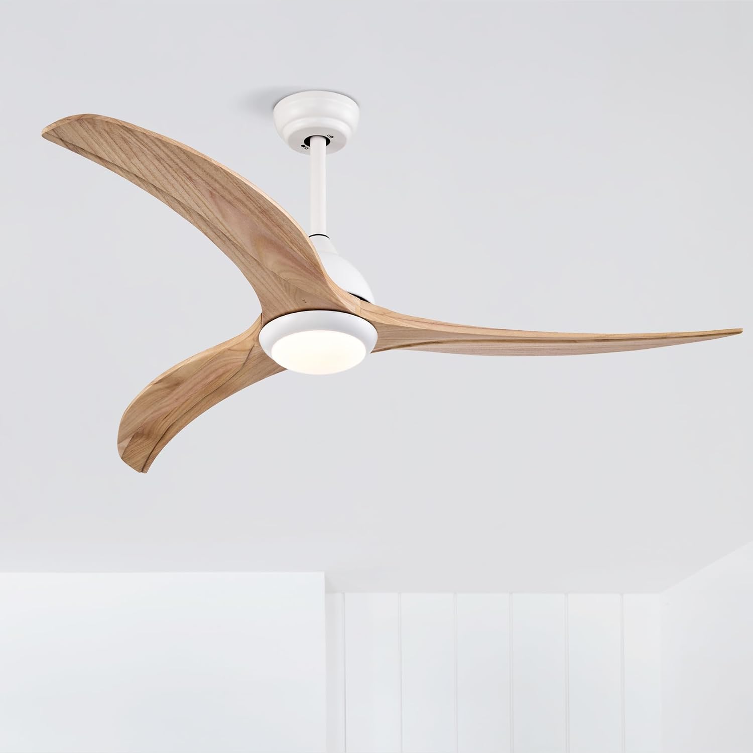 52" Ceiling Fan, Solid Wood Blades Ceiling Fan with Light with Remote Control, Noiseless Reversible Motor, 6 Speed,3 Color,for Patio Living Room, Bedroom,Indoor.(Matte White)