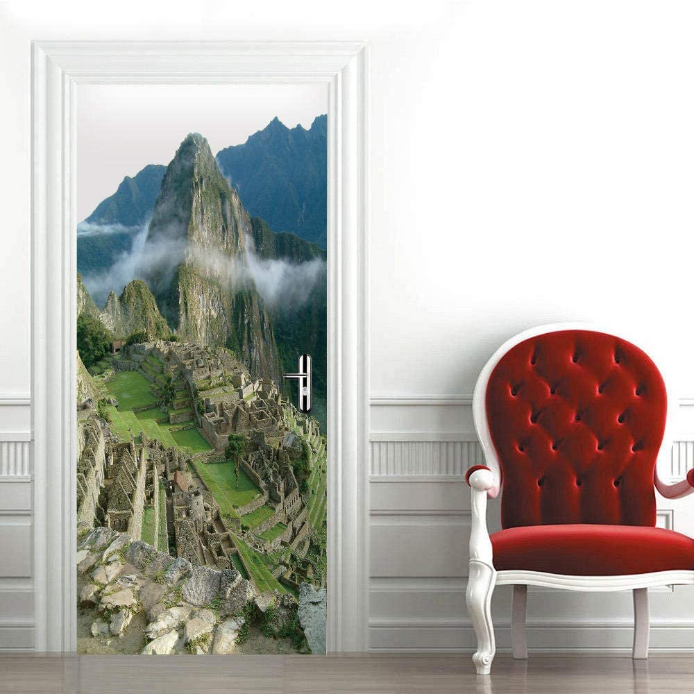 Removable Door Decals Beautiful Mountain Scenery Decorations Stickers for Livingroom Bedroom 3D Vinyl Mural Redoor Decal Self-Adhesive Wallpapers 95 X 215 Cm
