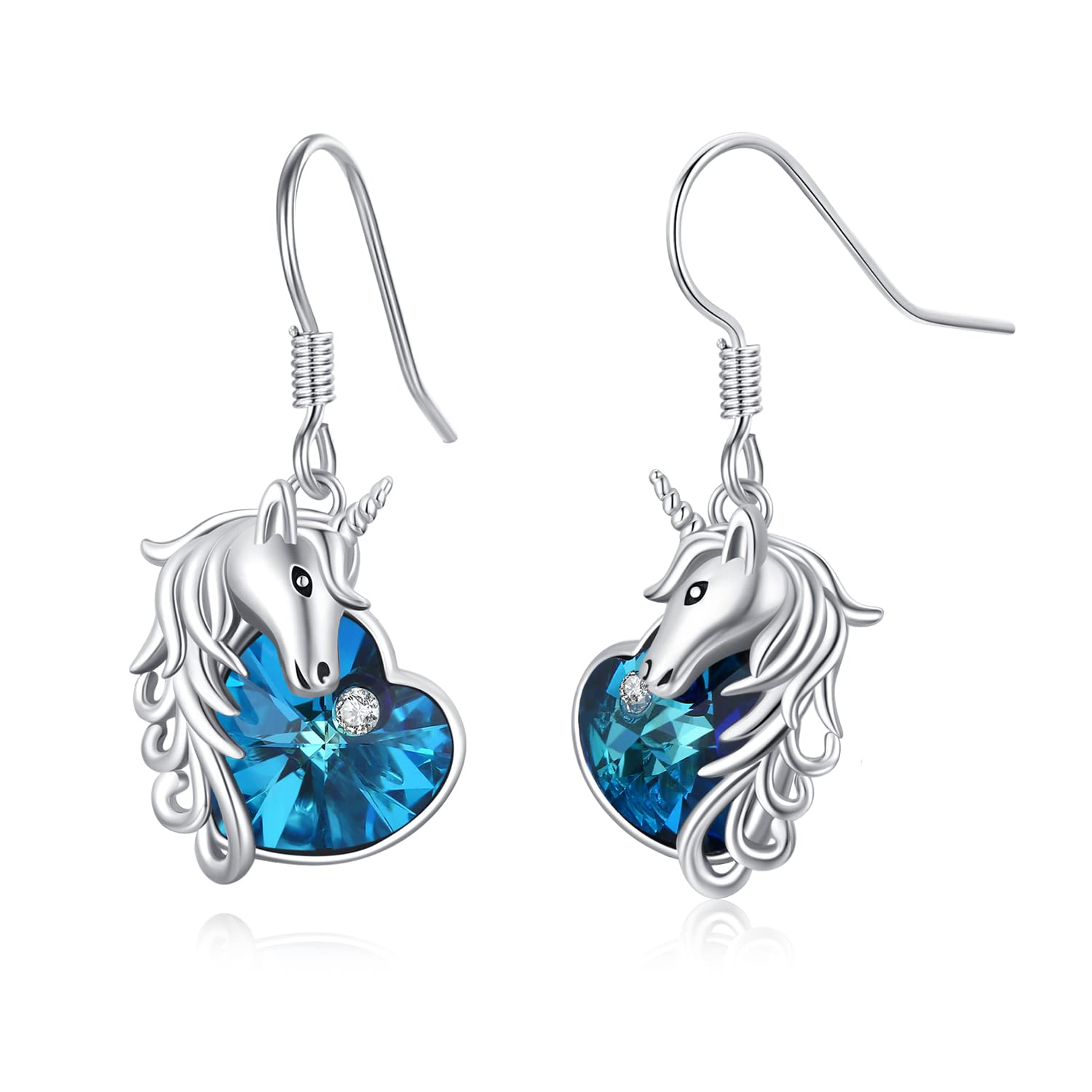 Freesloth Unicorn Earrings 925 Sterling Silver Dangle Earrings Hypoallergenic Drop Blue Crystal Earrings Hanging Unicorn Gifts Jewelry for Women Girls