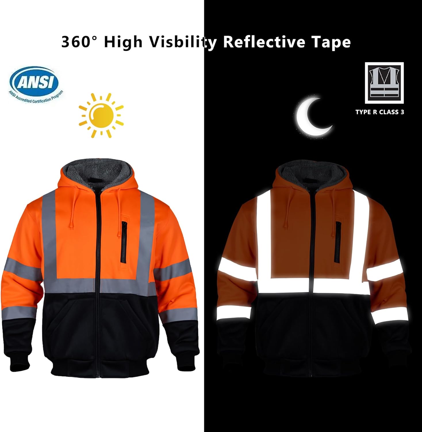 FONIRRA Men‘s Hi Vis Hoodie Reflective ANSI Class 3 Wool Fleece Safety Sweatshirts High Visibility Zipper Jacket - Image 6