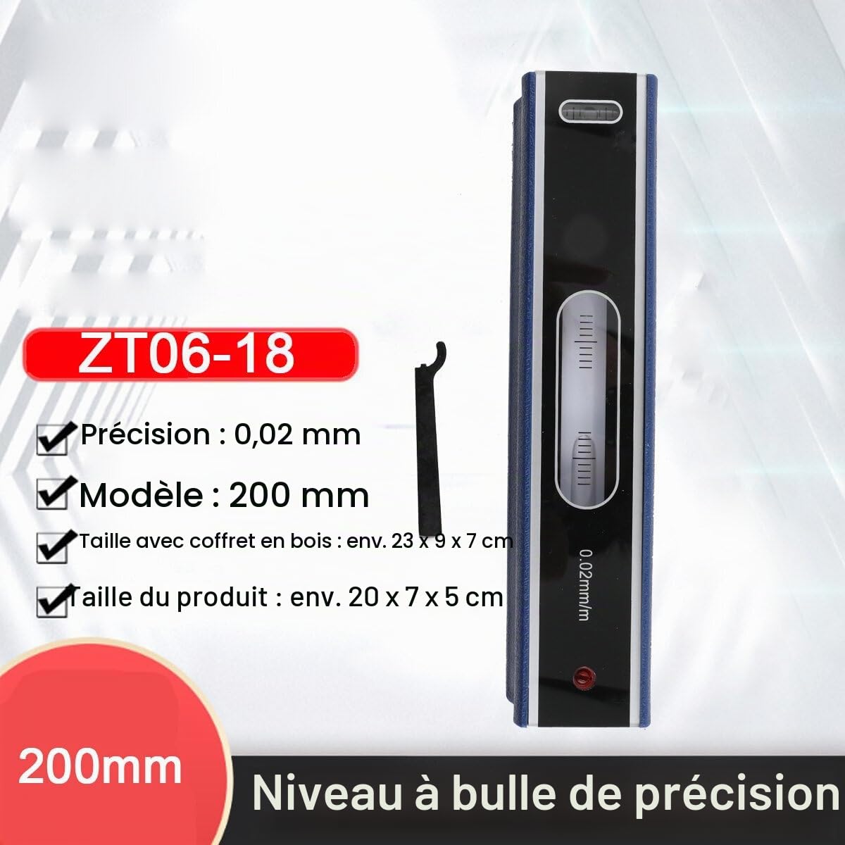 Niveau à Bulle de Précision 200 mm - 0,02 mm/m Pour Applications de Haute Précision - Alignement Horizontal - Poignée Isolante