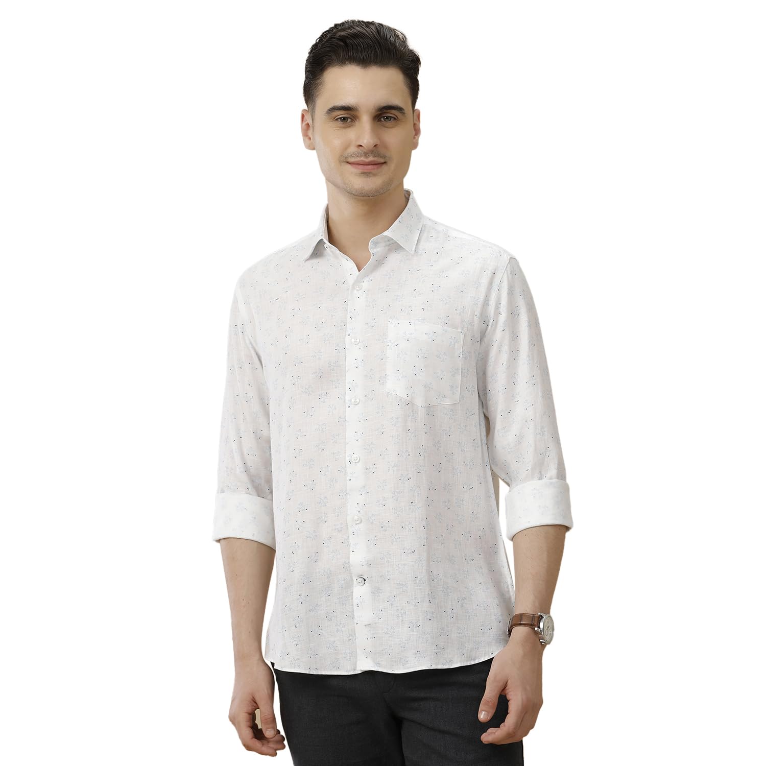 linen club Men's Pure Linen White Printed Contemporary Fit Full Sleeve Casual Shirt-picture-12