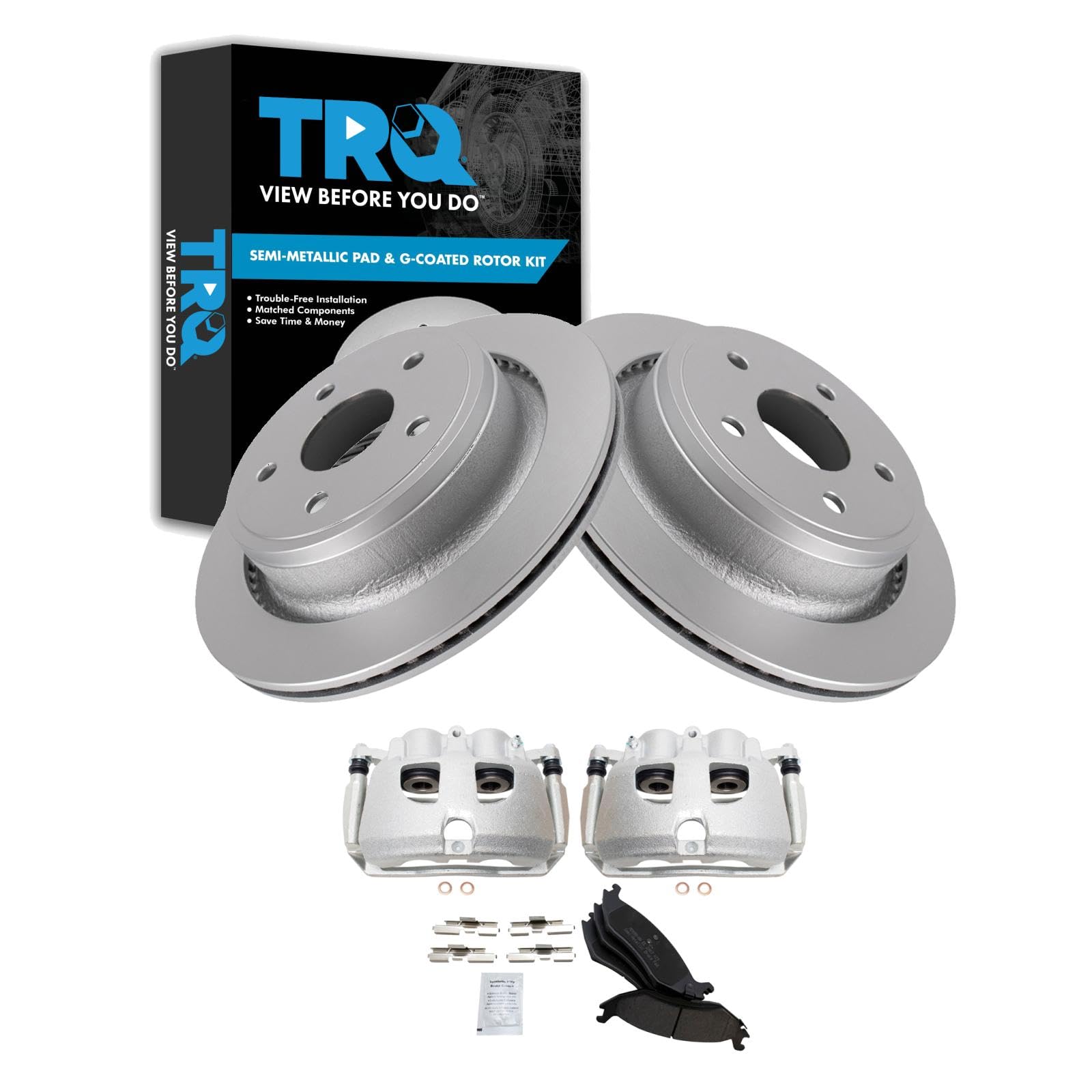 TRQ Rear Brake Pad, Caliper, &amp; Rotor Kit Semi-Metallic Vented Premium G-Coated Compatible with 2012 Ram 1500