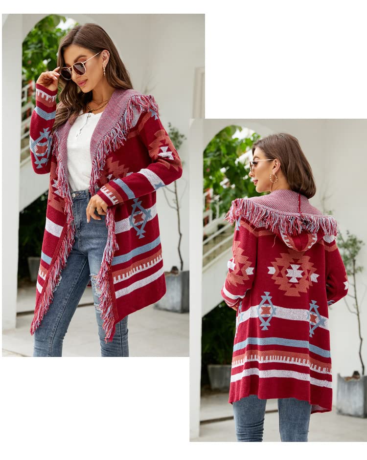 Women Geometric Tribal Stripe Fringe Hooded Knit Cardigans Casual Open Front Long Sleeve Cardigan Hooded Outwear Coat4