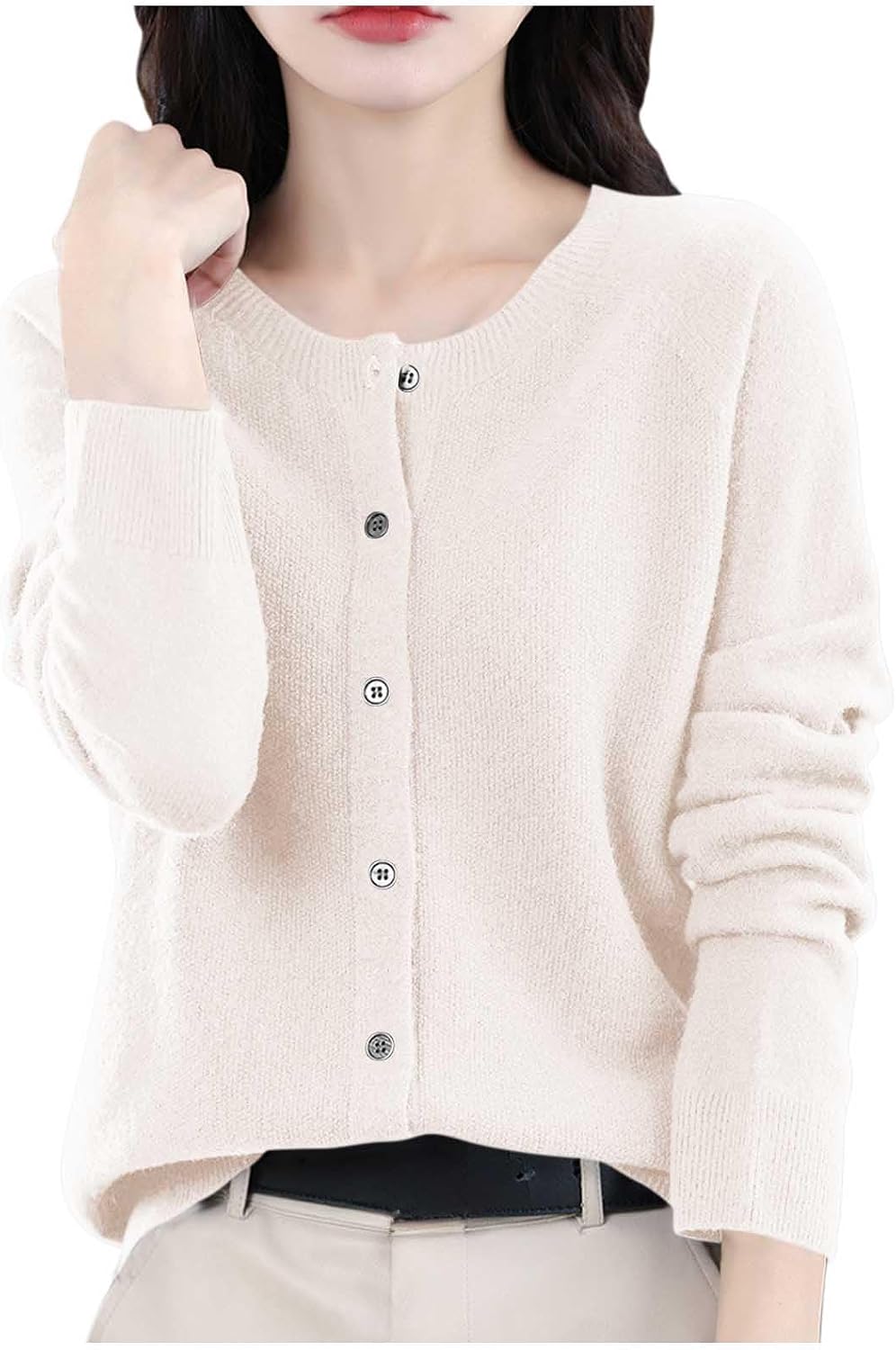 Women's Casual Raglan Sleeve Sweater - Button-Down Crew Neck Pullover Knit Top, Relaxed Fit Fashion Cashmere Sweater