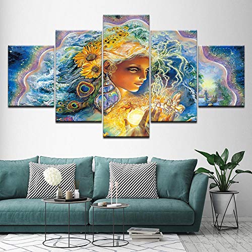 Myrdsio Cuadro de pared multipanel, 5 piezas, impresión sobre lienzo, imagen de mujer, cara, paisaje, imágenes modernas para decoración del hogar, papel pintado de 150 x 80 cm (completamente