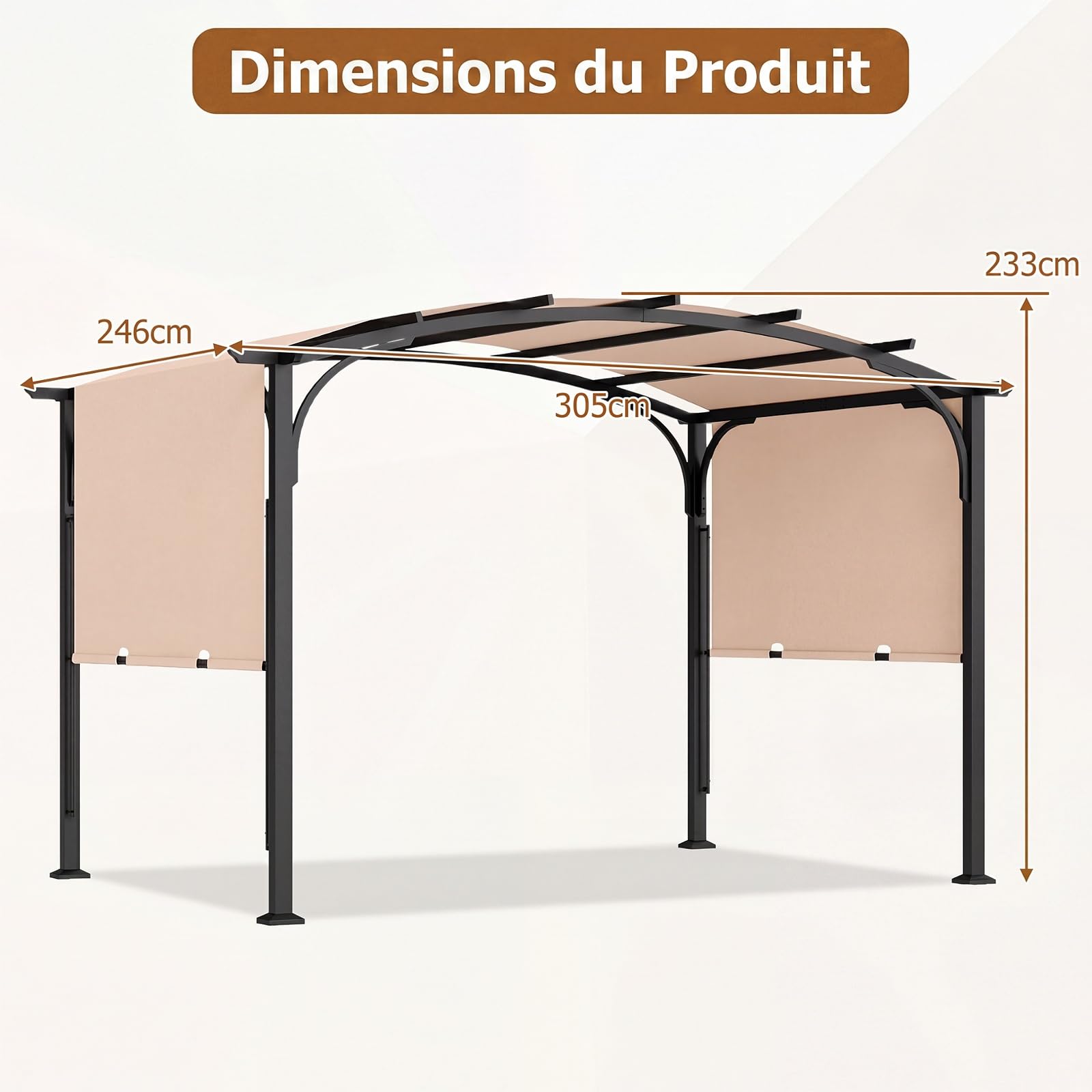 COSTWAY 305 x 242 CM Pergola Rétractable, Pergola de Jardin Extérieur avec Toit Courbé, Cadre Métal, 8 Piquets, Toile Polyester Anti-Soleil, Abri pour Terrasse, Patio, Piscine, Design Moderne (Beige)