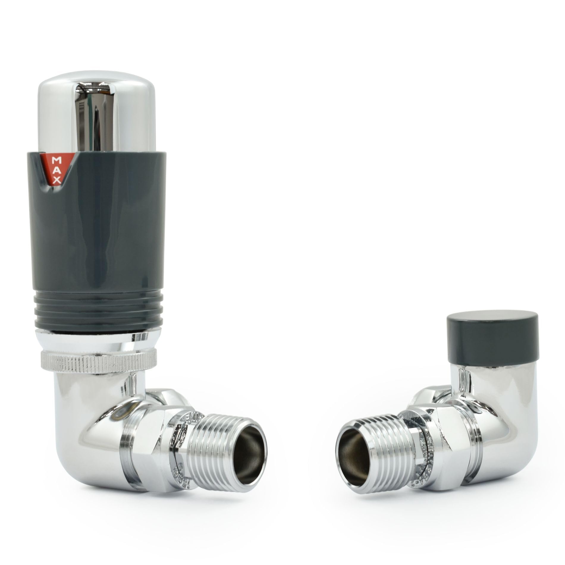 Hot Flow Chrome/Anthracite Estuary Corner TRV Thermostatic Radiator Valve (Pair) Includes Corner TRV Body, Wheel Head