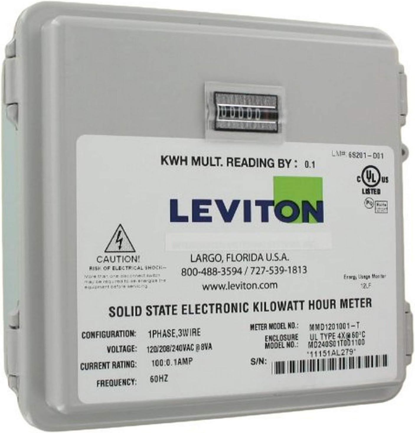 Leviton 2PH, 3W, 240V, Small Outdoor Enclosure, 01 Installed Meter, Mechanical 1/10 KWH Counter, 100:0.1, 6S201-D01, Grey