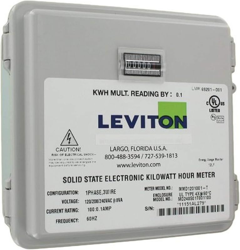 Leviton 2PH, 3W, 240V, Small Outdoor Enclosure, 01 Installed Meter, Mechanical 1/10 KWH Counter, 100:0.1, 6S201-D01, Grey
