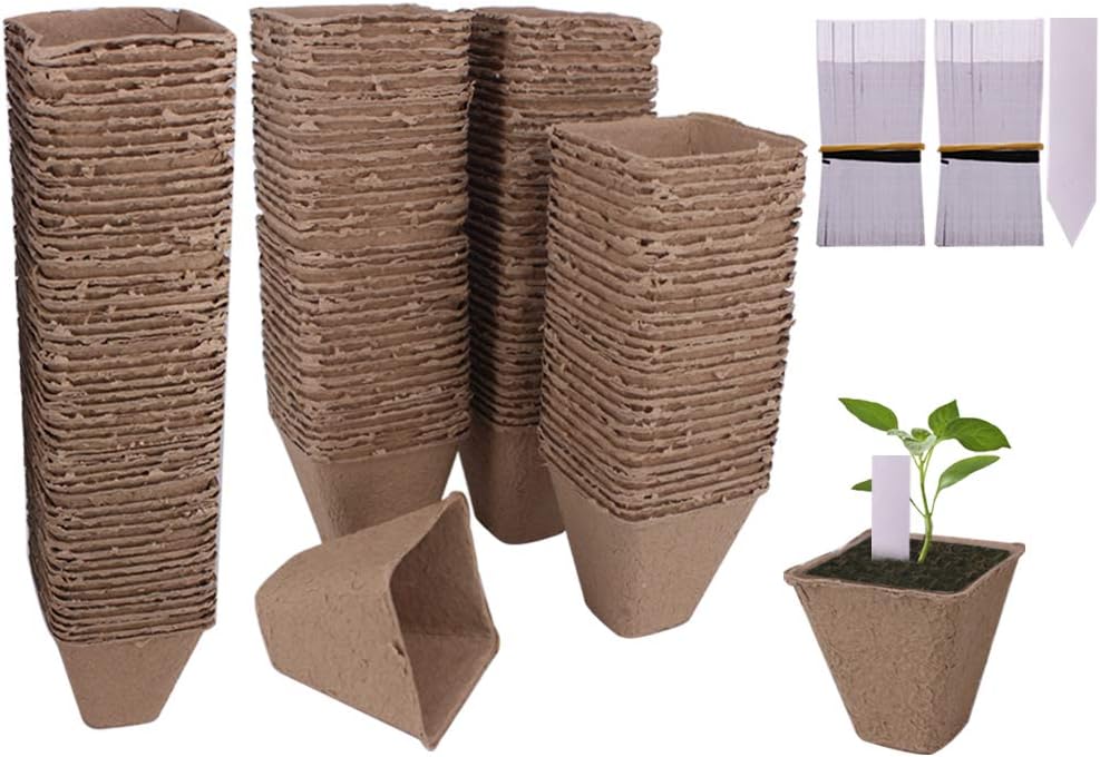 200 Pack 3.15" Square Biodegradable Peat Pots Plant Seedling Saplings & Herb Seed Starters Kit with 200 Pcs White Plastic Plant Labels
