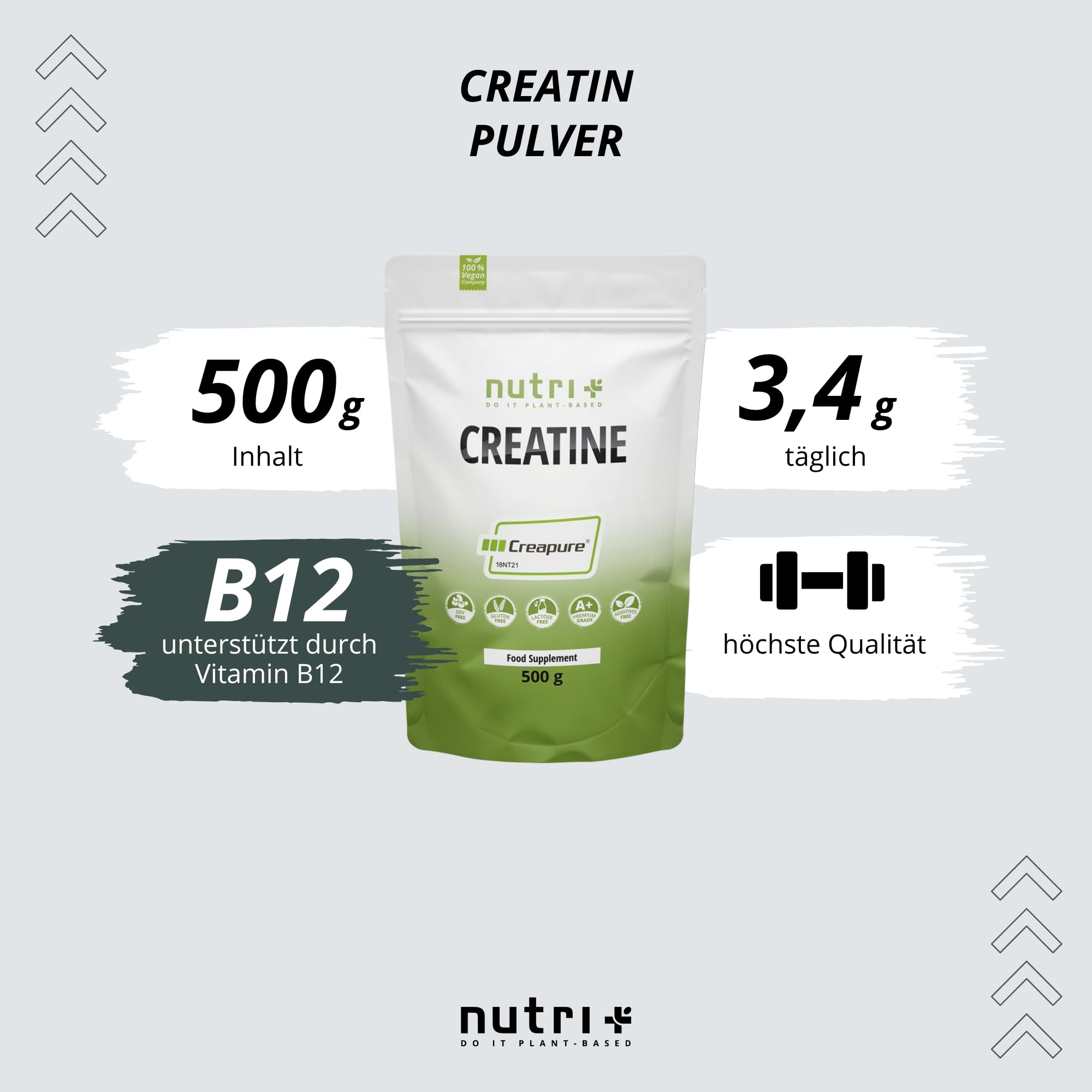Nutri + Creapure 500g - Creatin Monohydrat Pulver - 100% rein - Ultrafeines Kreatin Neutral hochdosiert - Creatine Powder Vegan aus Deutschland