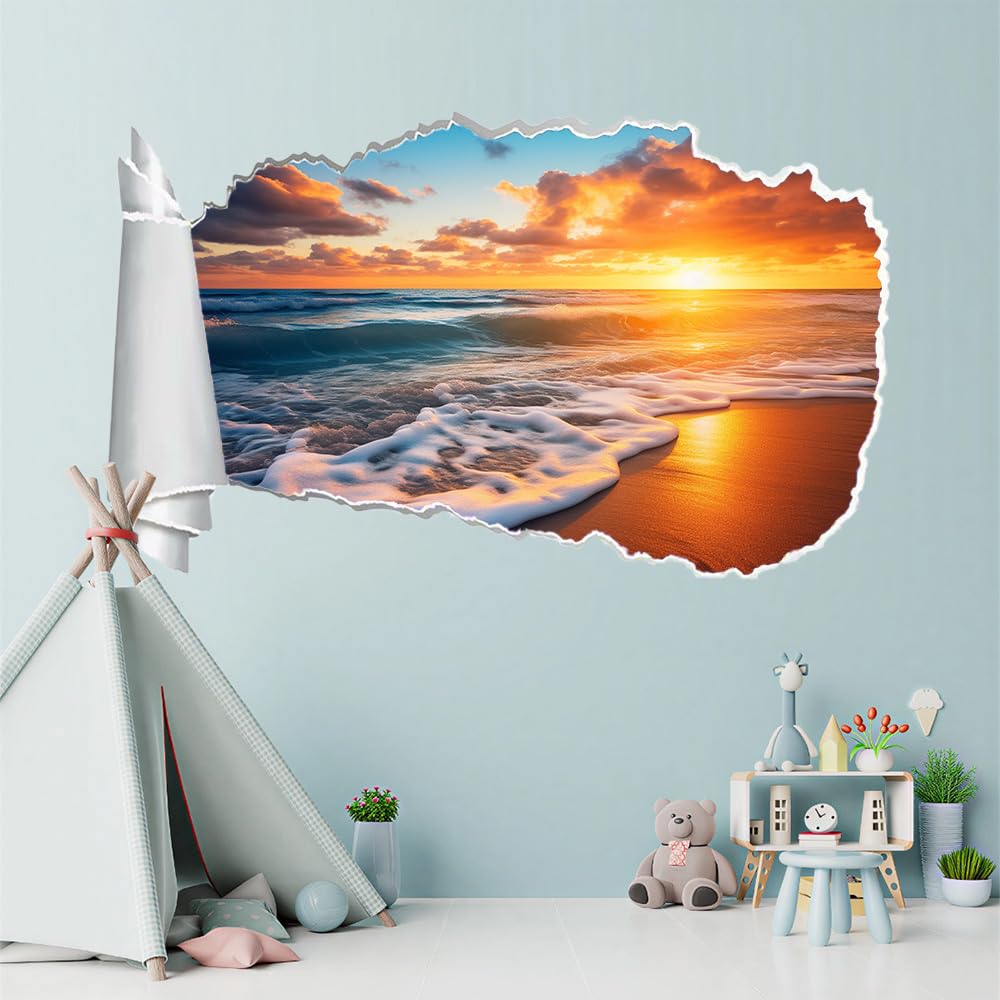 3D Durchbruch Wandtattoo Mädchen Kinderzimmer Sonnenuntergang Am Strand Wandaufkleber Dekorative Landschaft Wandsticker für Junge Teenager Zimmer Wohnzimmer Schlafzimmer Wandbilder Deko