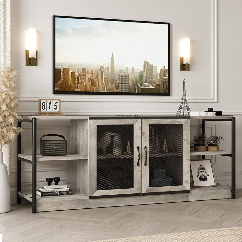 IDEALHOUSETV Stand, Industrial Entertainment Center for 65+ Inch TV Media Console Table, Farmhouse TV Stand with Storage, Mesh Door and Shelves, Gray TV Console Cabinet Furniture for Living Room