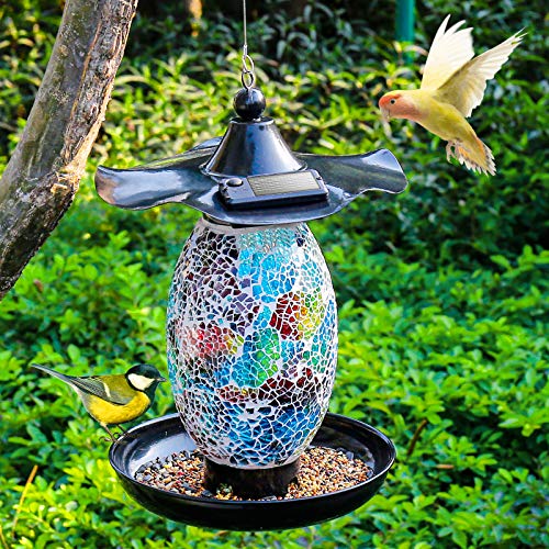 Solar Bird Feeder for Outside Hanging Outdoor,Mosaic Decor,Solar Powered Garden Lantern Lights Bird-House Wild Hanging Bird Feeder Waterproof Unique Retro Bird Feeder for Outdoors