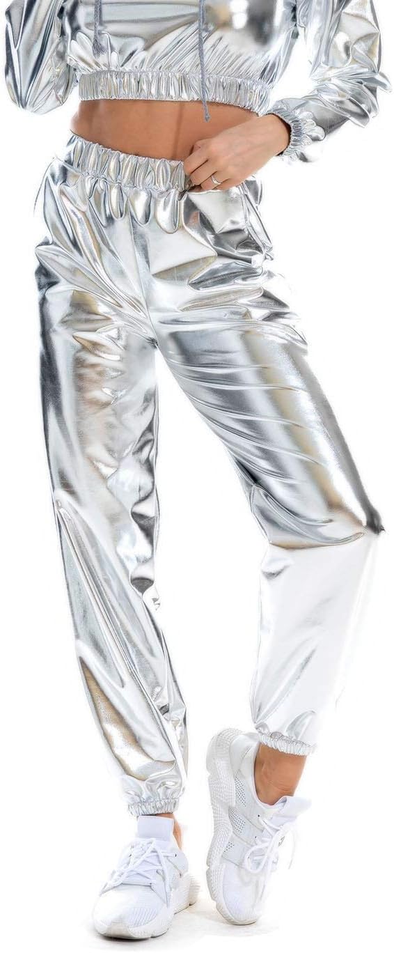 SIAEAMRG Womens Shiny Metallic High Waist Stretchy Jogger Pants, Wet Look Hip Hop Club Wear Holographic Trousers Sweatpant - Image 2
