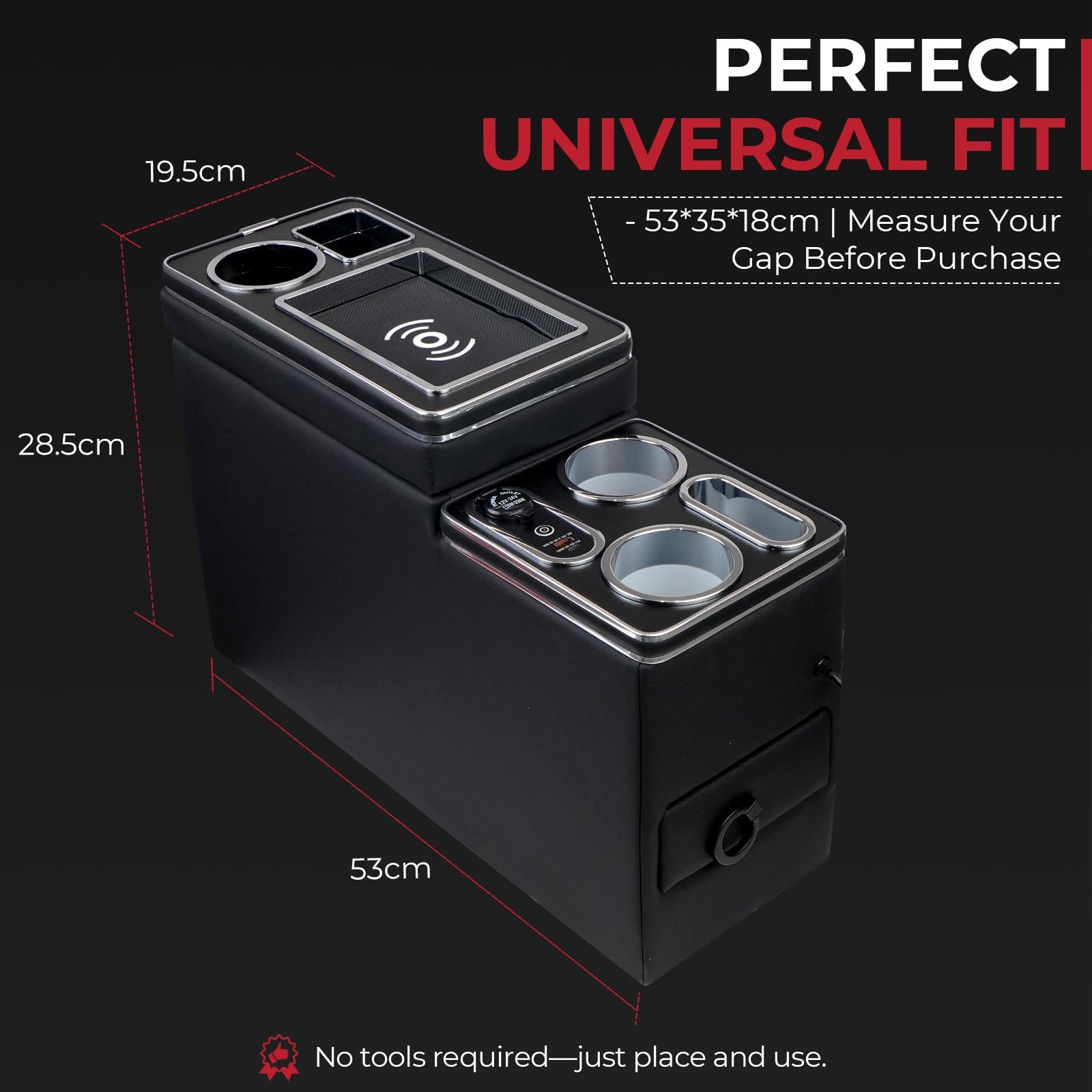 Organizer per console centrale tra i sedili per minivan e SUV, con tappetino di ricarica wireless, luce ambientale a LED blu, supporto per telefono e portabicchieri, console centrale da