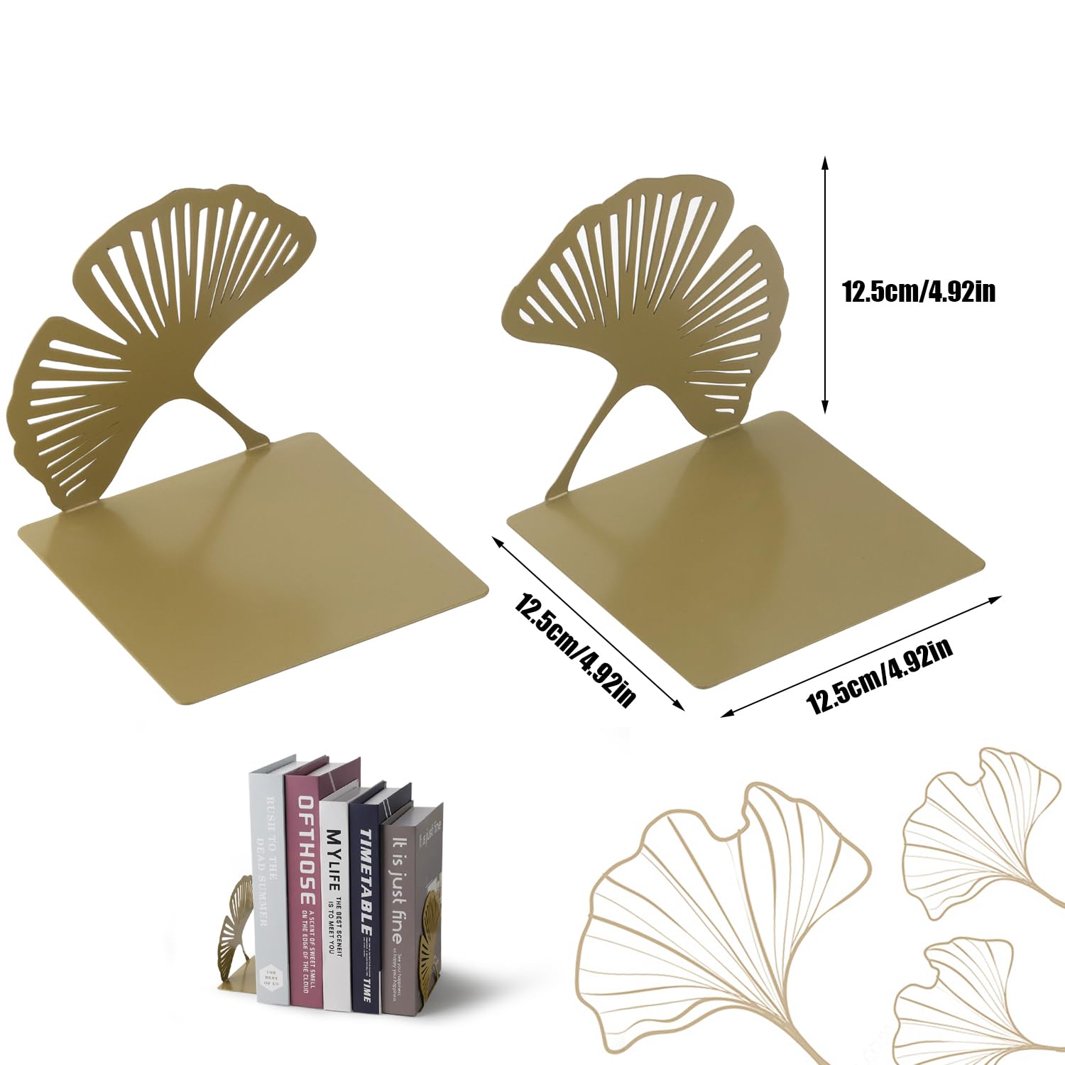 Demarsen 2 Pcs Bookends in Metal,Ginkgo Leaves Organizer Book Stopper,Anti Scratch and Non-Skid Decorative Bookends for Decor Home Office Library School Desk Gift - Image 2