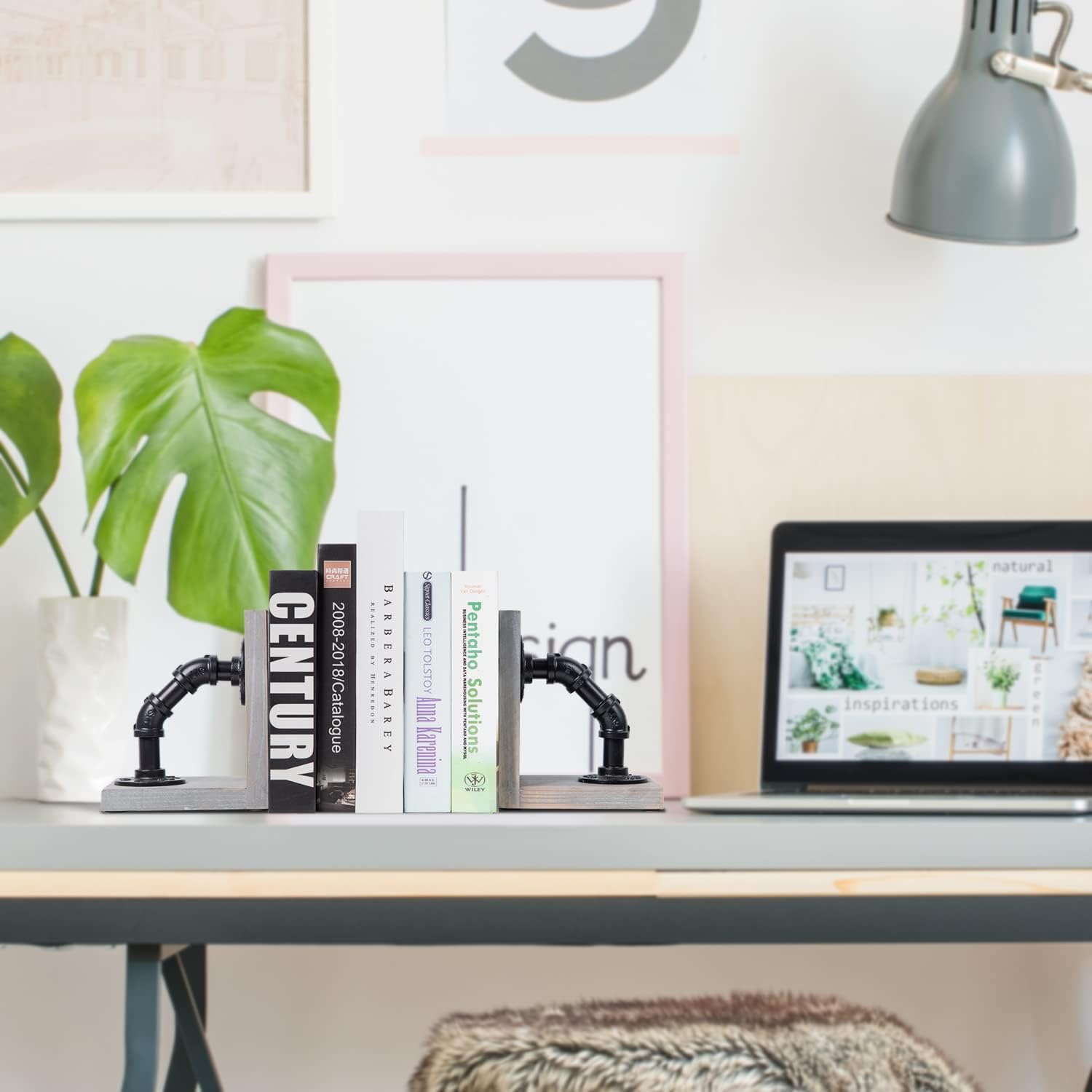 Rustic Decorative Wooden Tabletop Farmhouse Bookends for Heavy Books with Modern Industrial-Style Pipe Office Desktop Bookshelf Organizers Holder Nonskid Shelf Decor for Home Office 1-Pair (Grey)