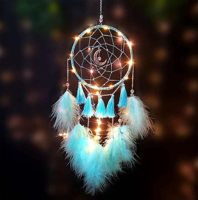 HAOYI Dream catcher, handmade LED dream catcher for bedroom wall decorations, home decoration crafts (Blue-Q)