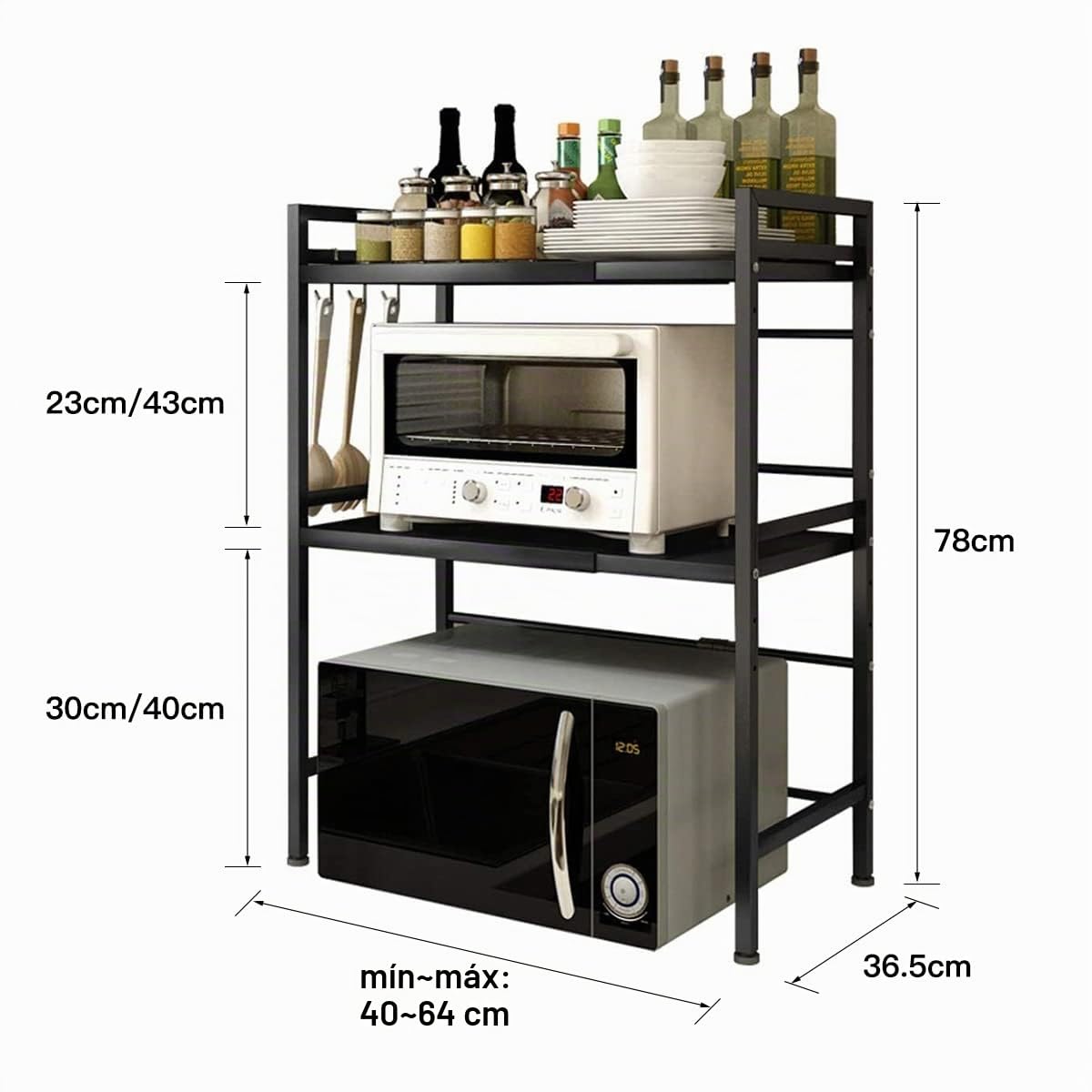 HUOLE Soporte Extensible para Horno de Microondas,Organizador Estanteria para Encimera de Cocina,Mueble Microondas,Rack de Almaceamiento 2 Niveles,40/64 * 36,5 * 78cm Negro