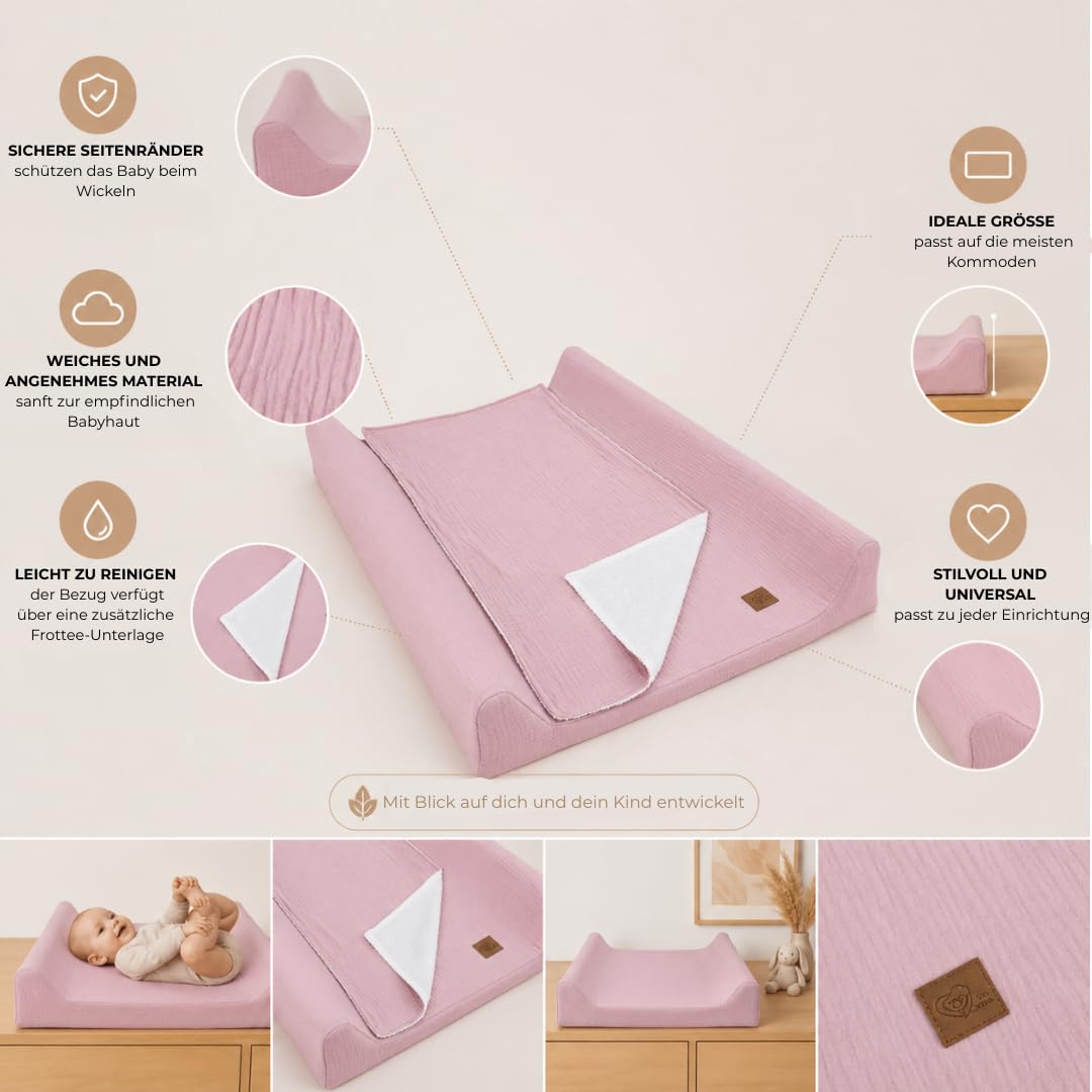 Wiklinopol - Colchón cambiador (50 x 70 cm, 3 en 1 con funda extraíble de gasa (rosa), cojín cambiador impermeable y bordes elevados + cojín de esponja