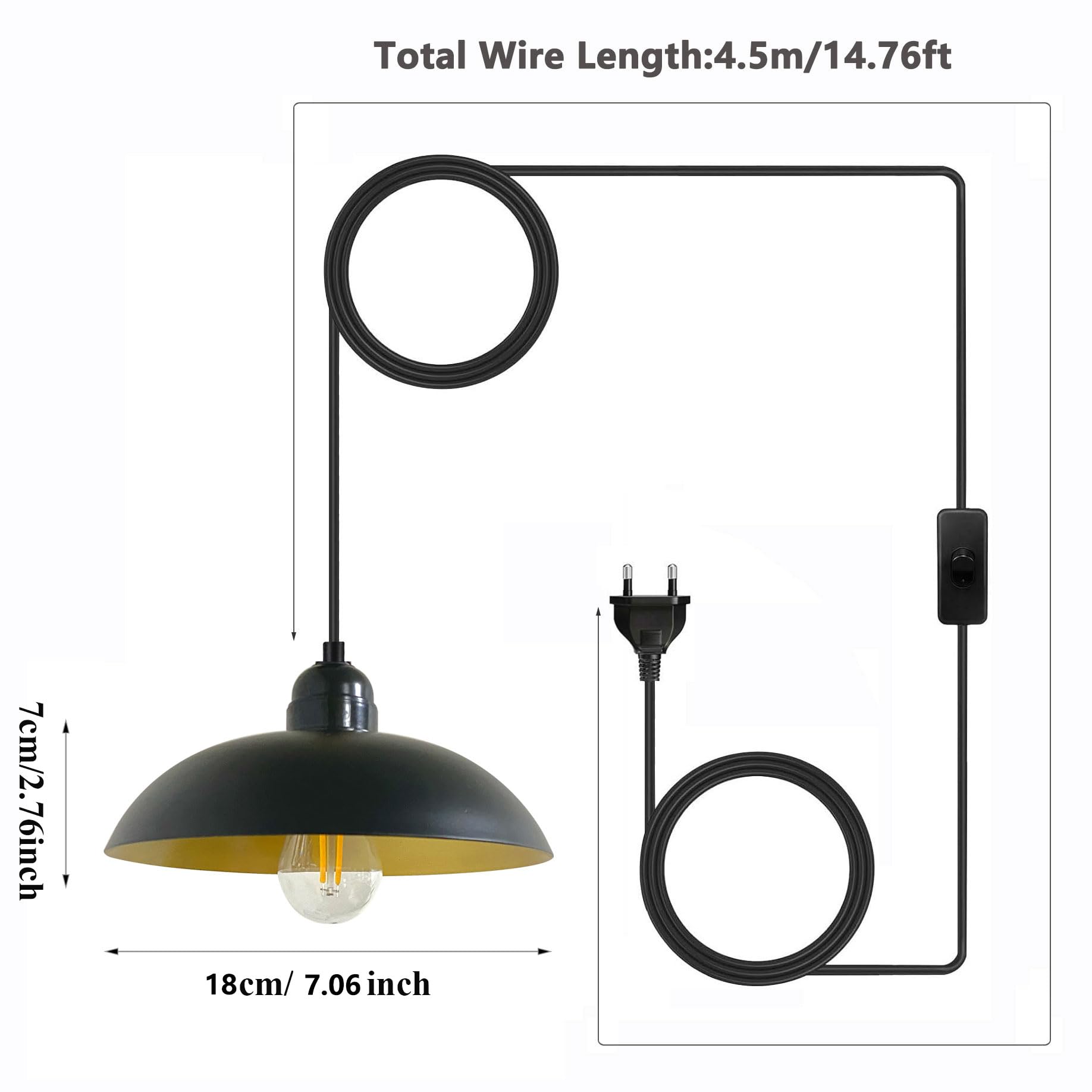 Outdoor Hängelampe mit Stecker Lampe Hängend Pavillon Beleuchtung Lampenfassung E27 4.5m Kabel Schwarz Deckenleuchte Außen Pendelleuchte Steckdose Gartenlampen Draußen Balkon Terrassen
