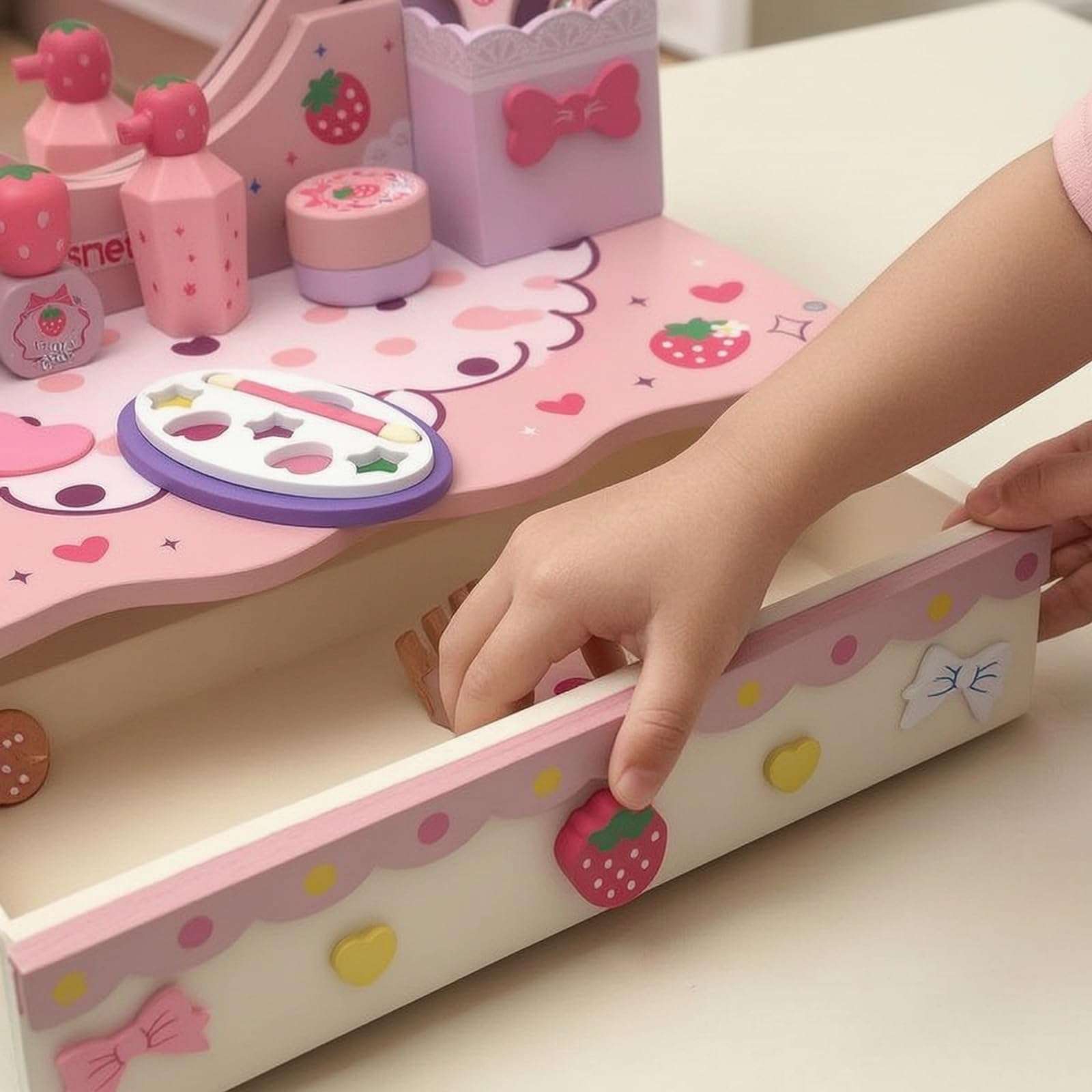 Tocador Infantil de Juego con Espejo Mesa de Maquillaje Tocador de Madera Tocador de Juguete con Cajones y Compartimentos Formato Ahorrador de Espacio Apto para Juego Diario y