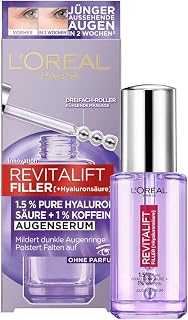 L'Oréal Paris Eye Serum with 1.5% Hyaluronic Acid and 1% Caffeine for a Radiant Eye Area, with Cooling Ball Applicator, Revitalift Filler Eye Serum, 1 x 20 ml