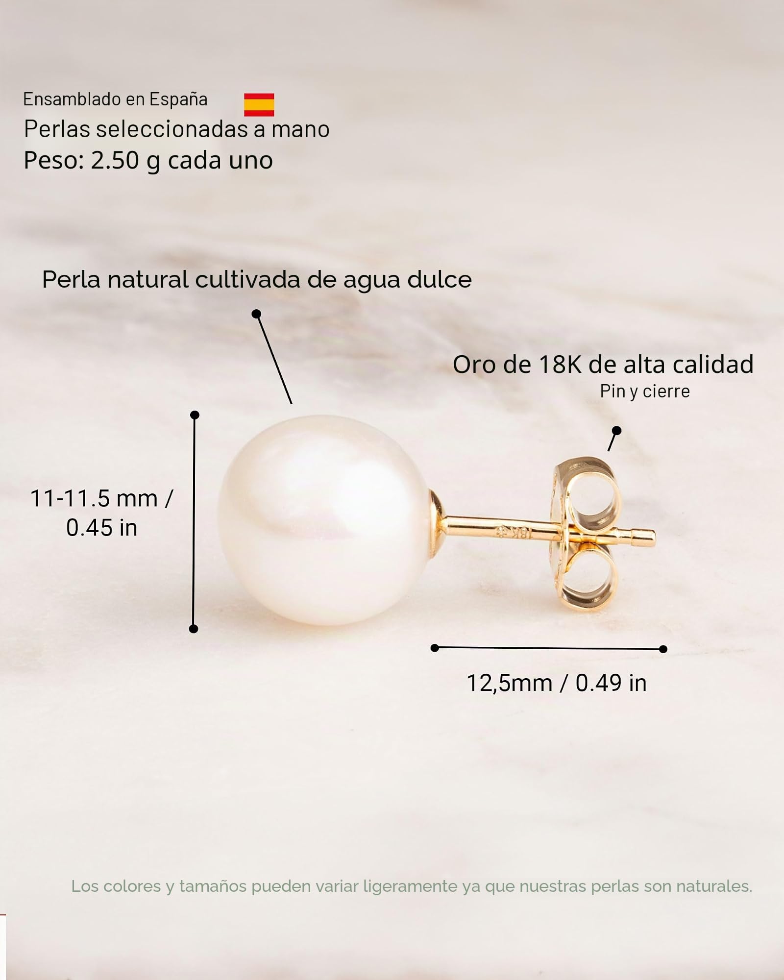 Pendientes de Perlas Redondas Cultivadas de Agua Dulce de Mujer Secret & You - En Oro de 18 k Ley 750 o en Plata de Ley de 925 Rodida - Disponibles en 6 tallas, desde 6-6,5 mm hasta 11-11,5 mm