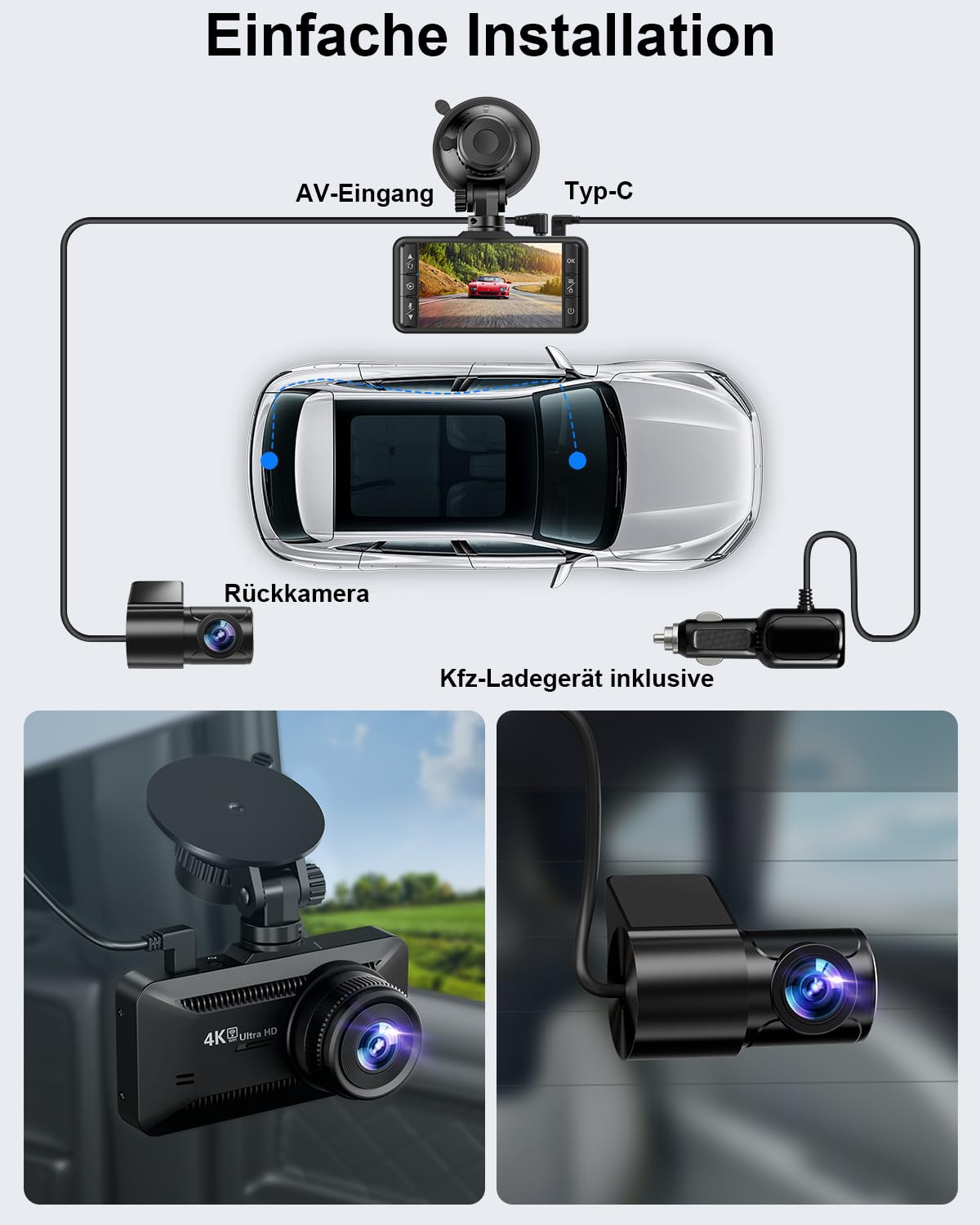 oryzoms 4K Dashcam mit 3,94" Bildschirm/Vorne & hinten/Autokamera mit 170° Weitwinkelansicht/Nachtsicht/Parküberwachung/G-Sensor –Loop-Aufnahme, ideal für sicheres Fahren