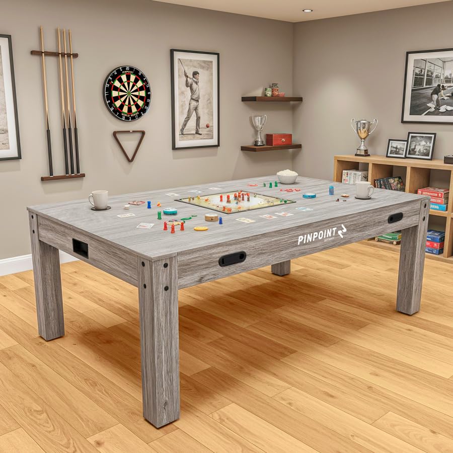PINPOINT Tavolo da gioco 4 in 1 – biliardo, air hockey, ping pong e giochi da tavolo – Tavolo da interno da 2,1 m con accessori inclusi – Finitura in legno grigio Driftwood per sale giochi e famiglia