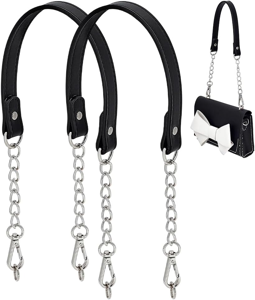 PH PandaHall 2pcs Silver Black Leather Purse Strap Handles Metal Bag Handles Replacement Chain with D Ring for Handbags Purses Wallet DIY Projects and Bag Repair Accessories, 23" Long