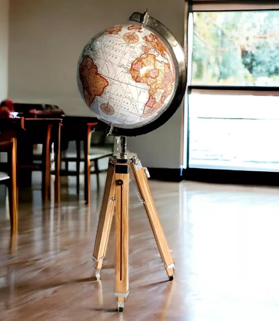 Antique Handicrafts Large World Globe with Wooden Tripod Stand – Modern Floor Standing Atlas Map, 68" Tall Decorative Bar Style, Educational Geography Globe for Home Office Decor